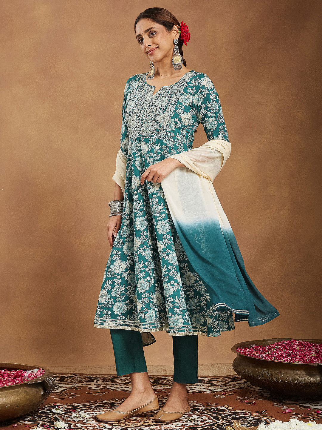 Janasya Women's Teal Green Pure Cotton Yoke Embroidered Floral Printed Anarkali Kurta Set