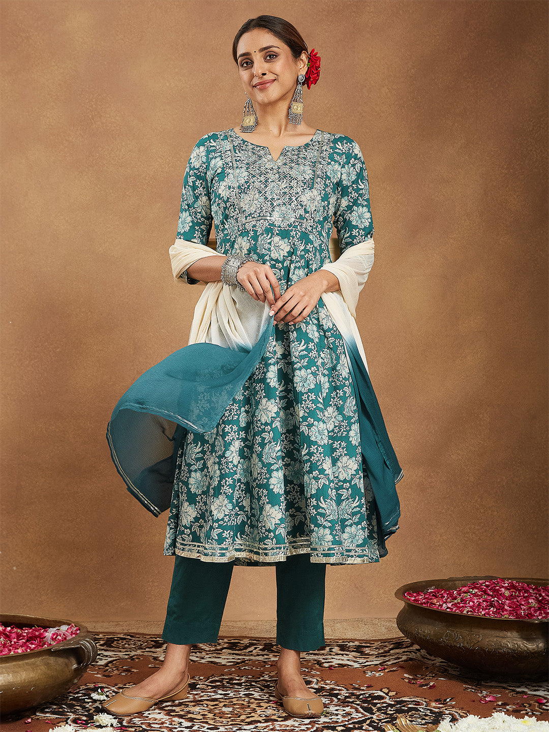 Janasya Women's Teal Green Pure Cotton Yoke Embroidered Floral Printed Anarkali Kurta Set
