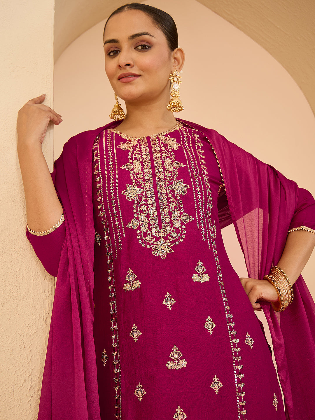 Janasya Women's Maroon Silk Blend Zari Embroidered Straight Kurta Set With Dupatta