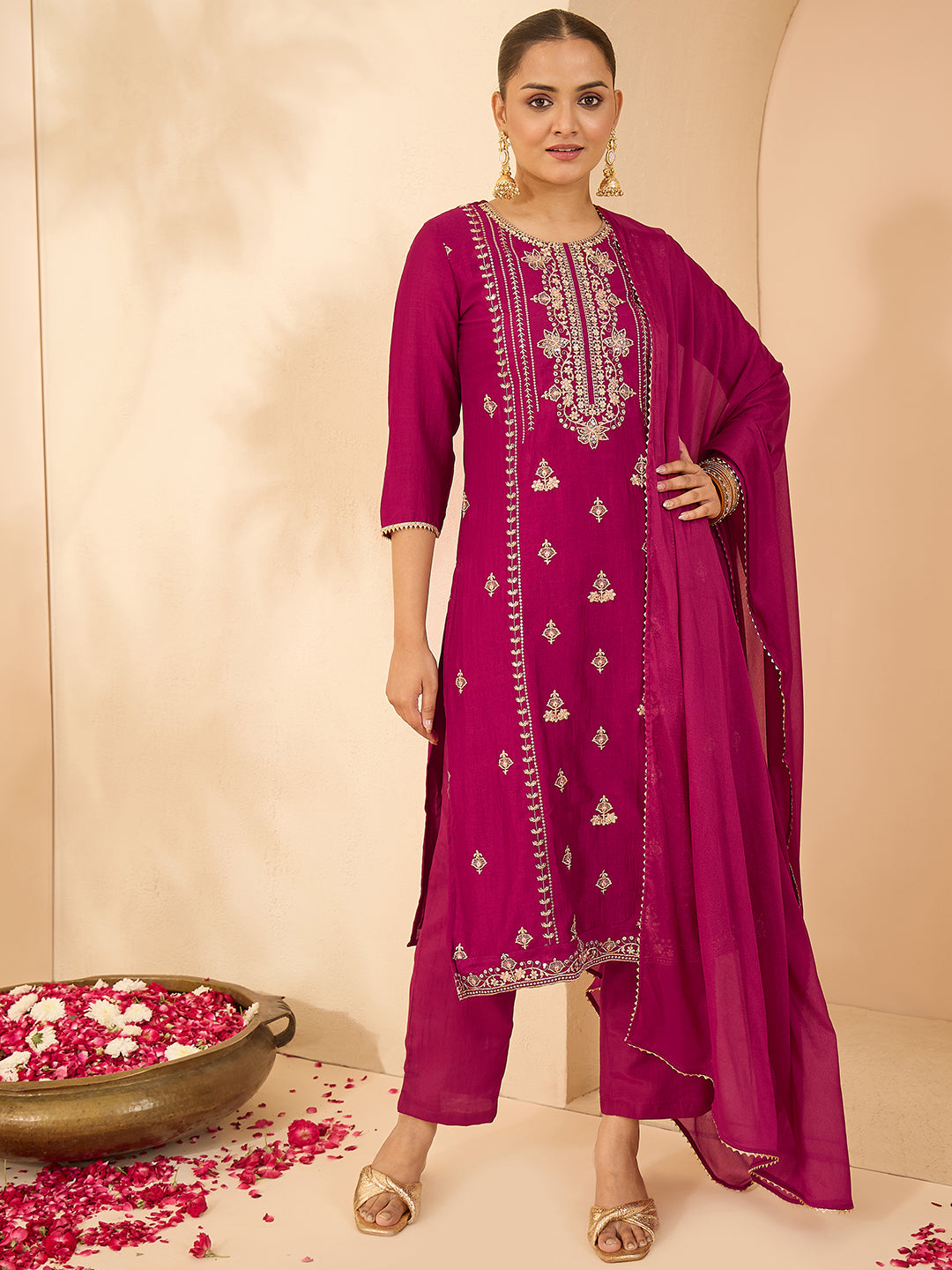 Janasya Women's Maroon Silk Blend Zari Embroidered Straight Kurta Set With Dupatta