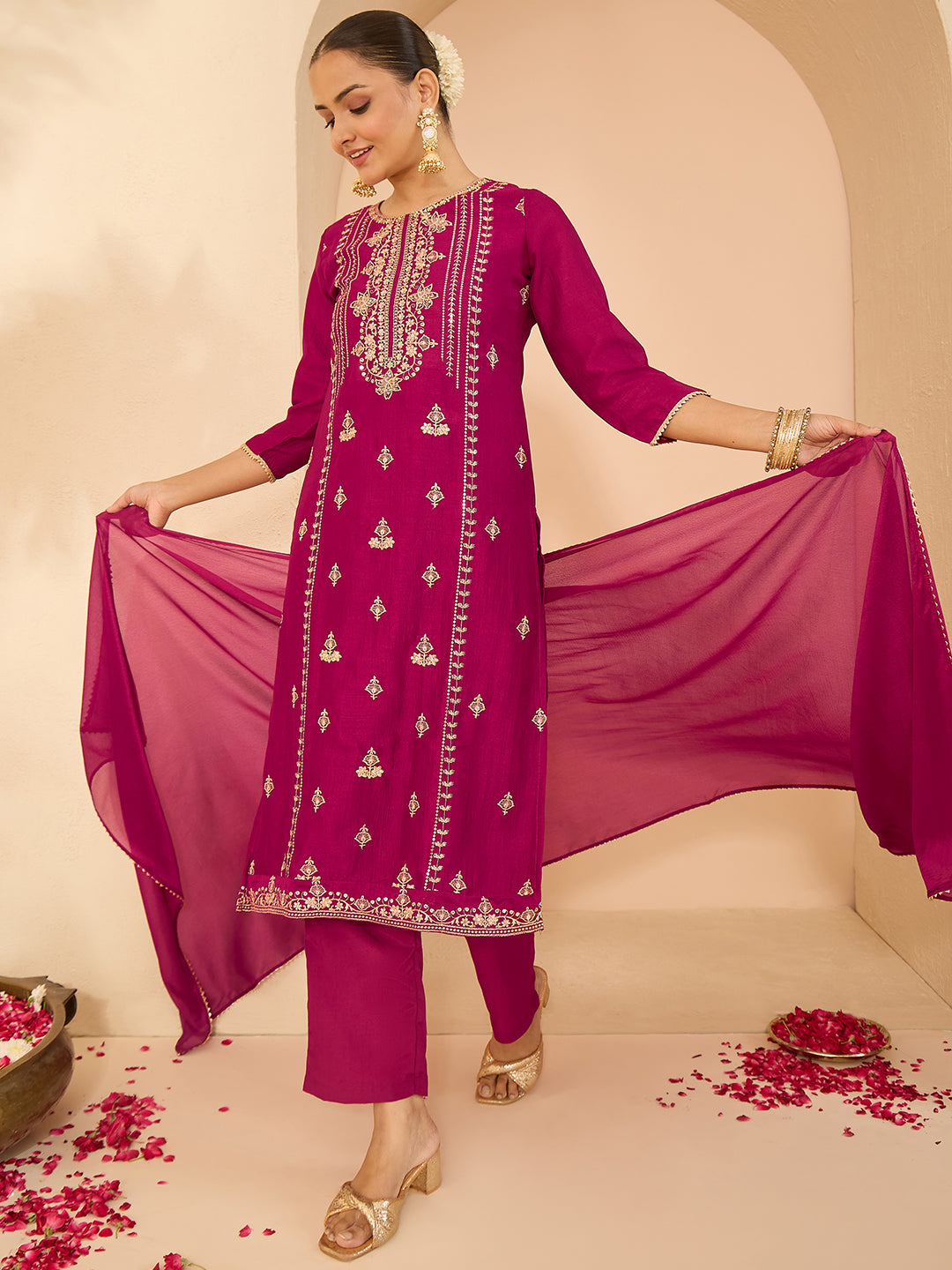 Janasya Women's Maroon Silk Blend Zari Embroidered Straight Kurta Set With Dupatta