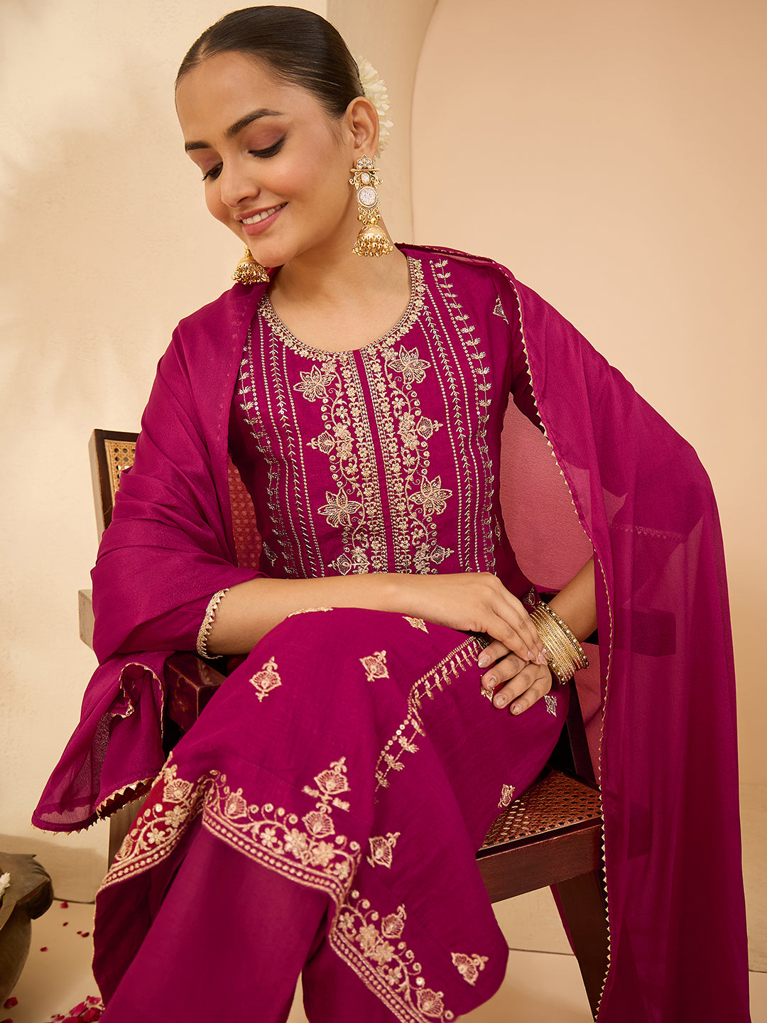 Janasya Women's Maroon Silk Blend Zari Embroidered Straight Kurta Set With Dupatta