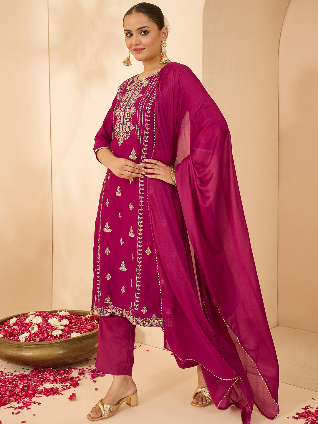 Janasya Women's Maroon Silk Blend Zari Embroidered Straight Kurta Set With Dupatta