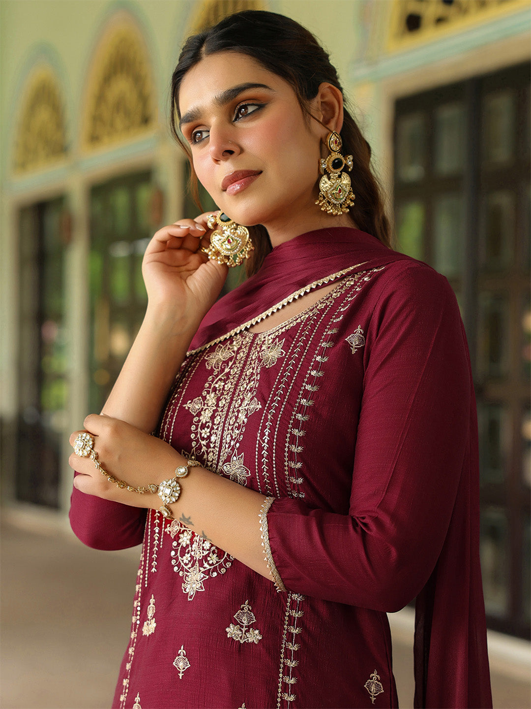 Janasya Women's Maroon Silk Blend Zari Embroidered Straight Kurta Set With Dupatta