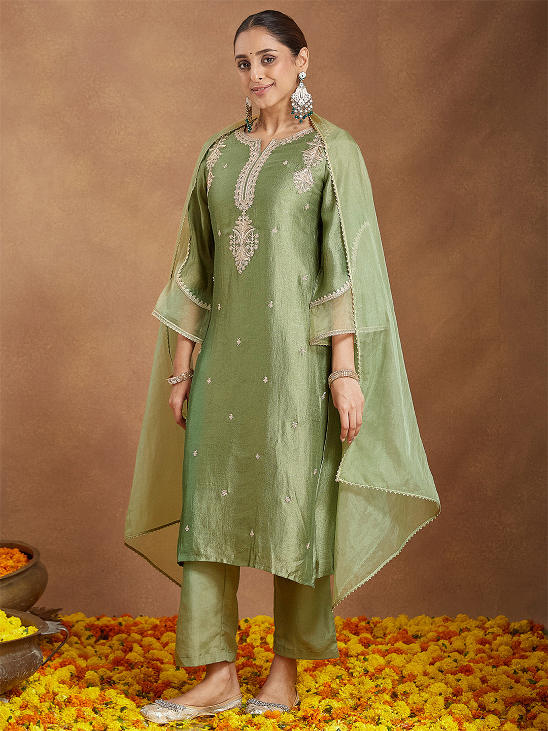 Janasya Women's Sage Green Silk Blend Zari Embroidered Straight Kurta Set