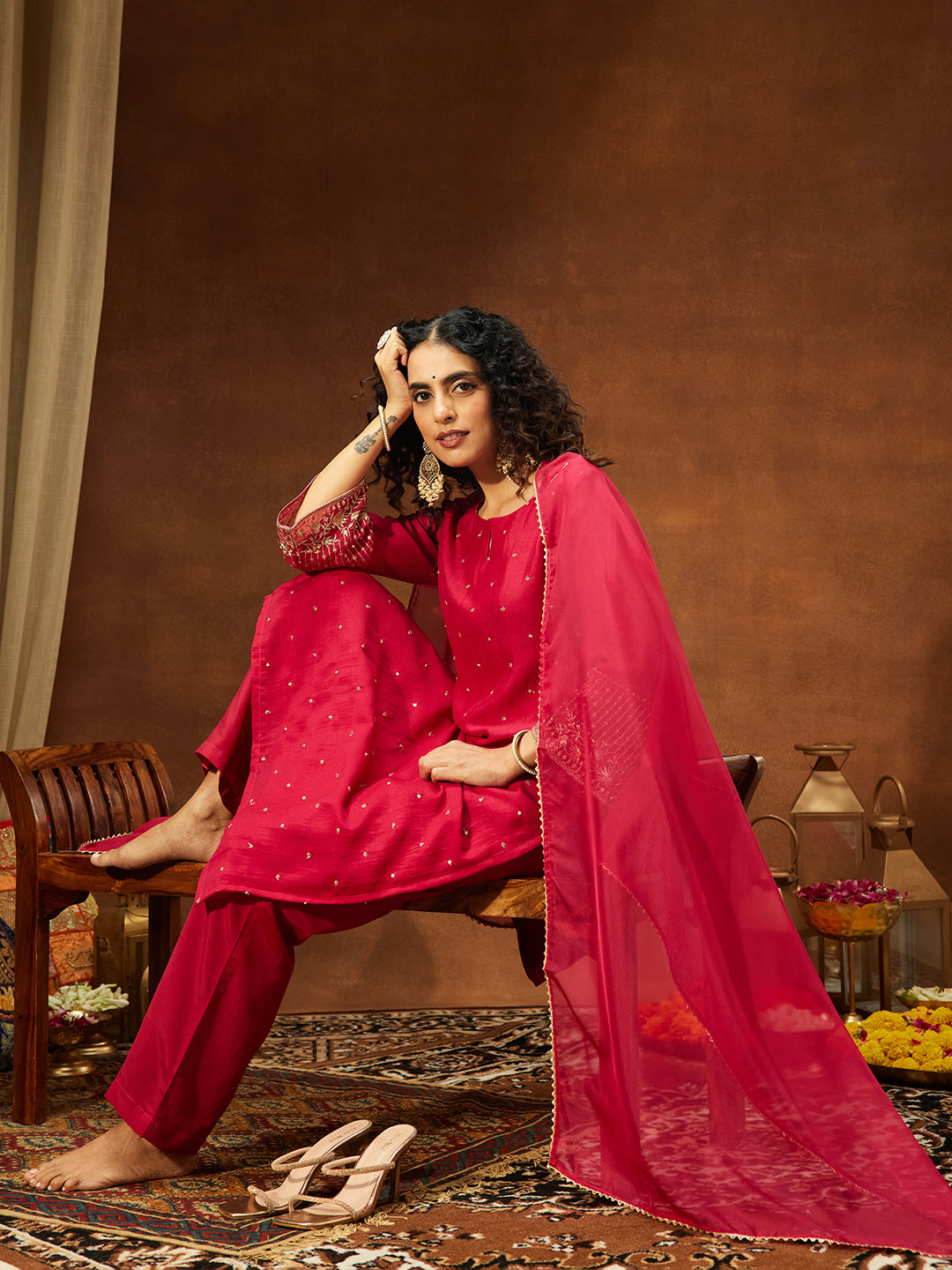 Janasya Women's Pink Silk Blend Embellished Straight Kurta Set