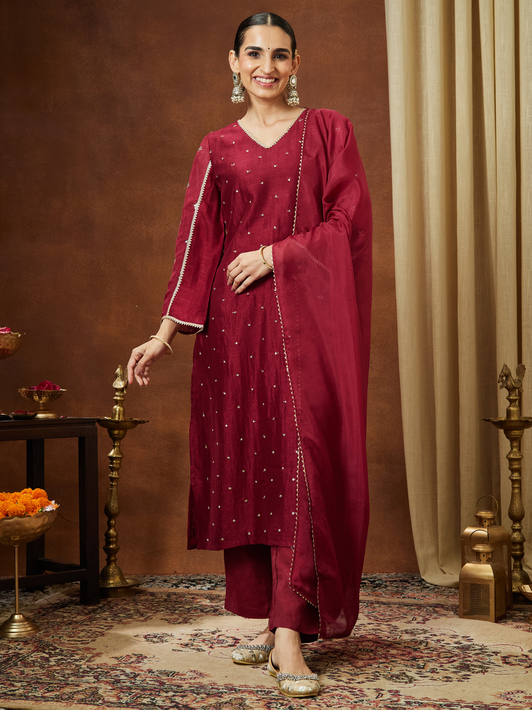 Janasya Women's Maroon Silk Blend Embellished Straight Kurta Set