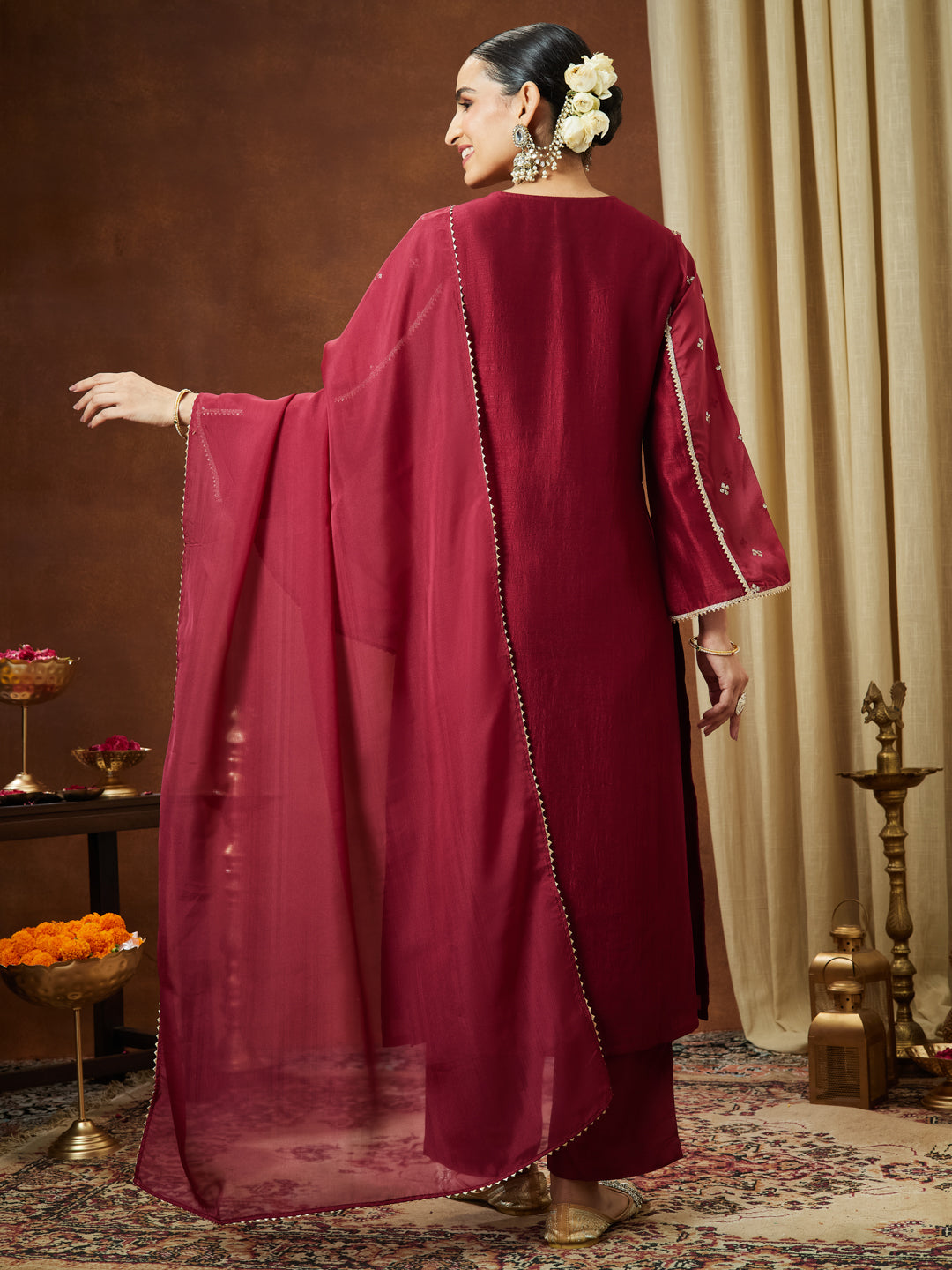 Janasya Women's Maroon Silk Blend Embellished Straight Kurta Set