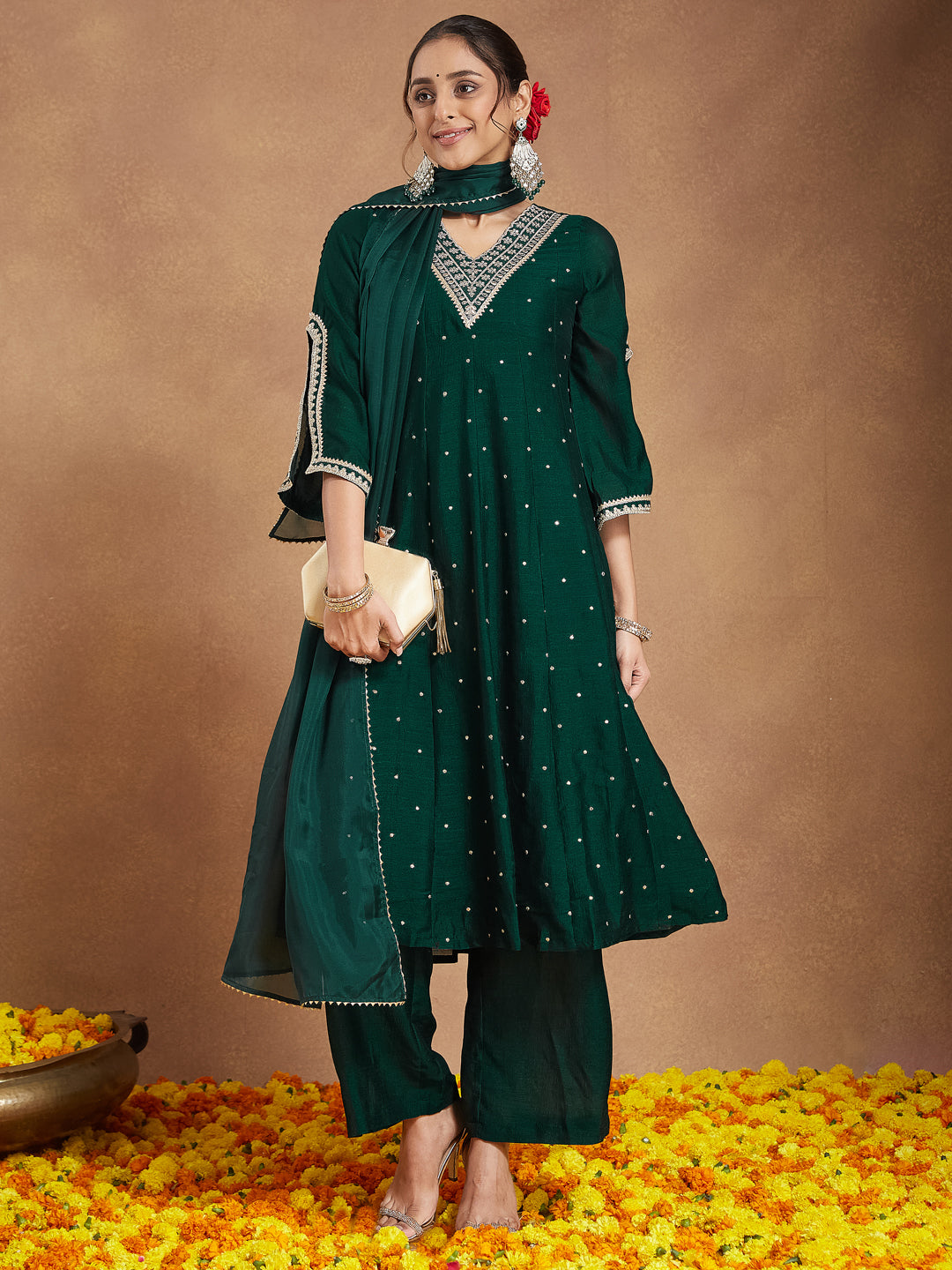 Janasya Women's Green Silk Blend Zari Embroidered Anarkali Kurta With Palazzo & Dupatta Set