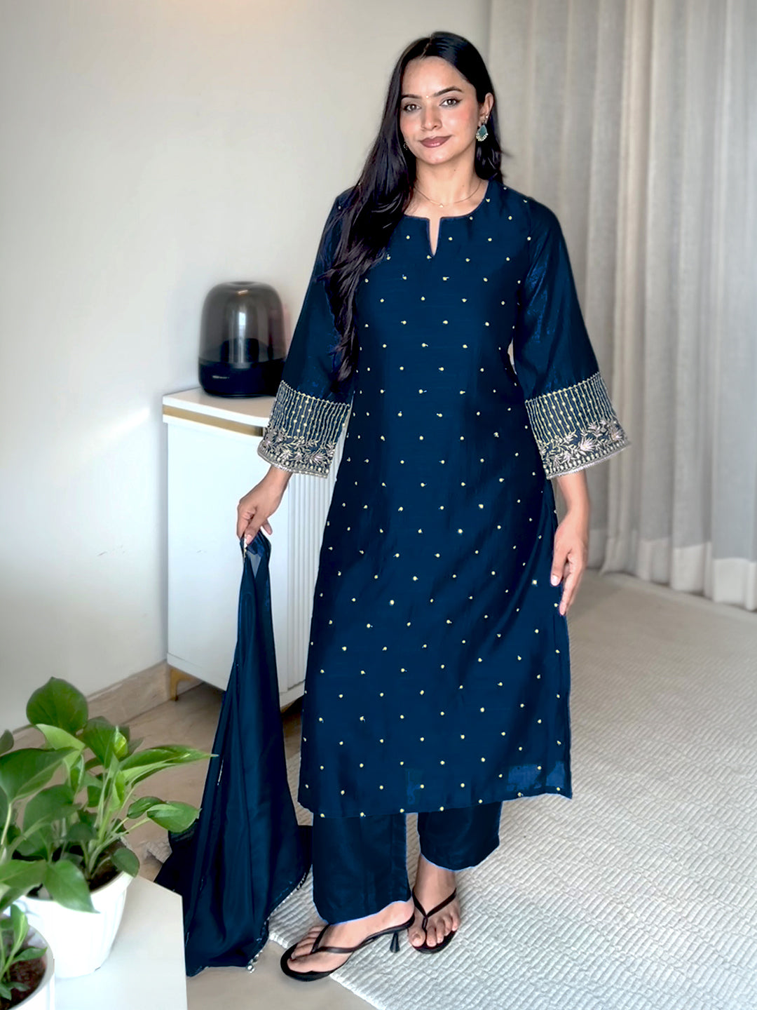Janasya Women's Teal Blue Silk Blend Embellished Straight Kurta Set