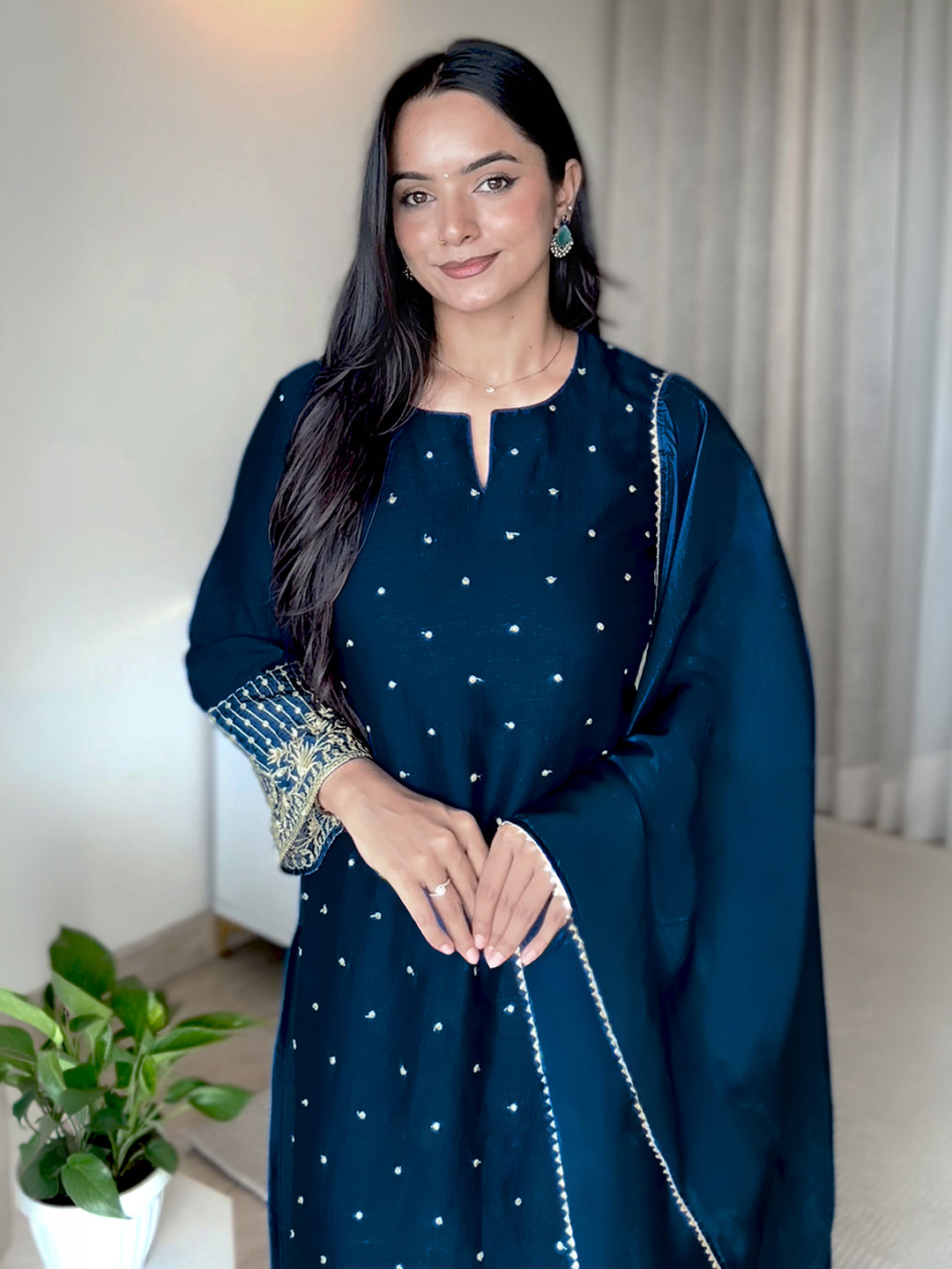 Janasya Women's Teal Blue Silk Blend Embellished Straight Kurta Set