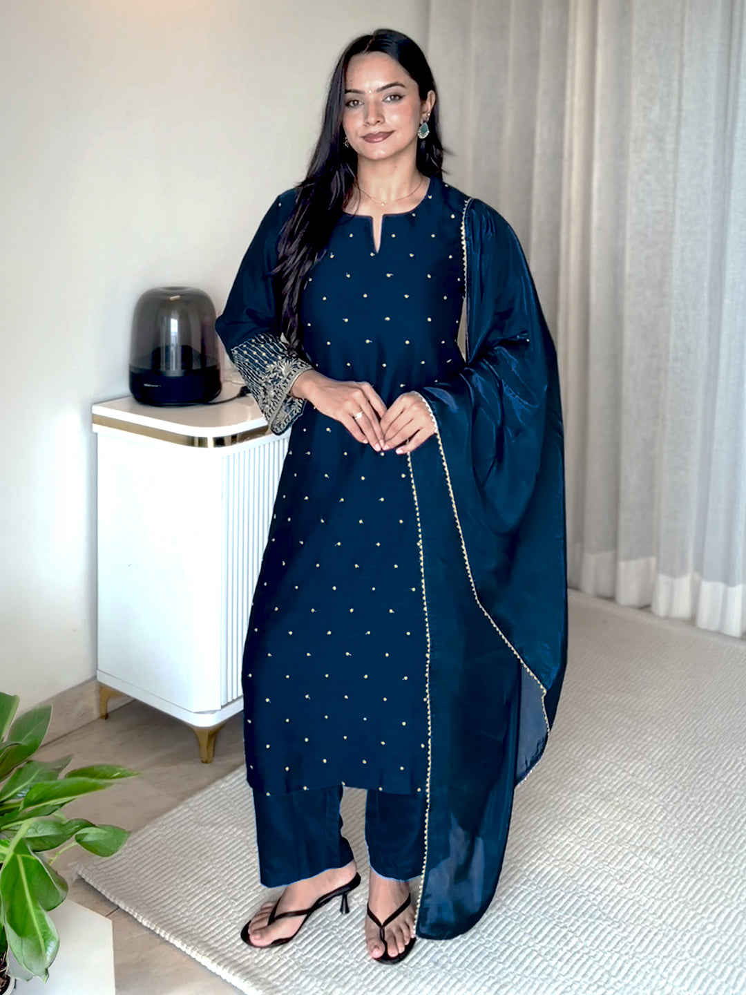 Janasya Women's Teal Blue Silk Blend Embellished Straight Kurta Set