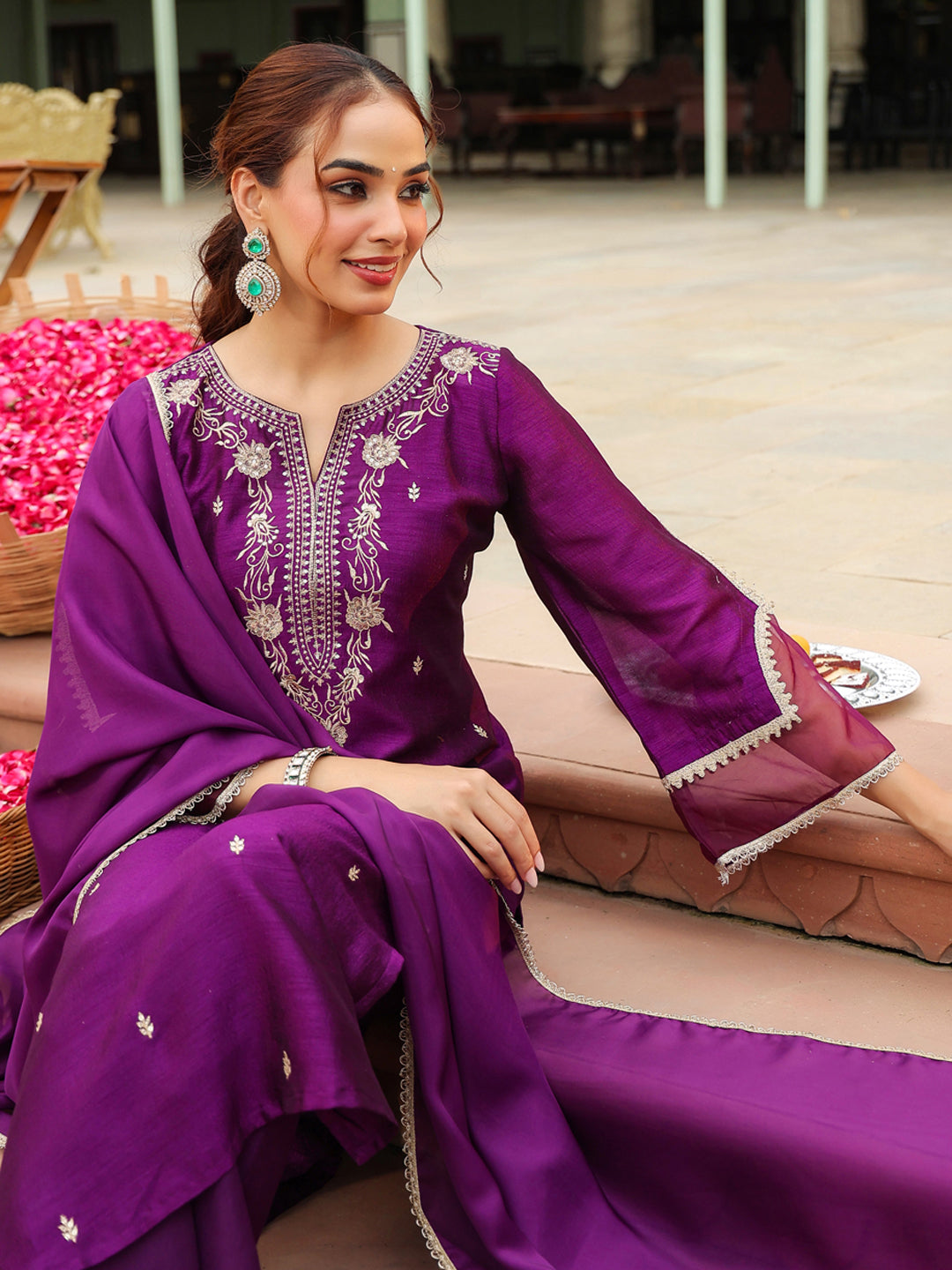 Janasya Women's Purple Silk Blend Floral Zari Embroidered Straight Kurta Set