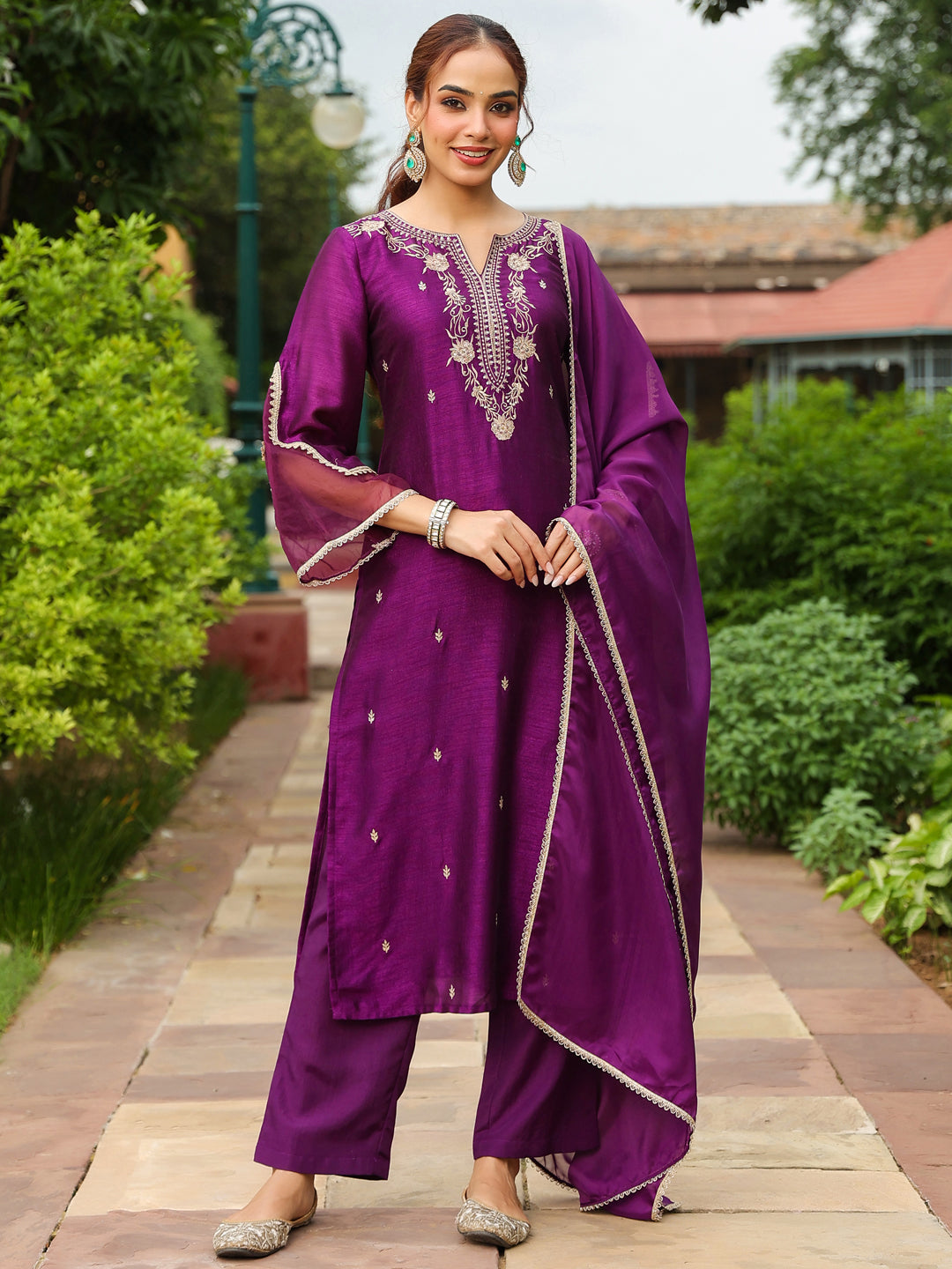 Janasya Women's Purple Silk Blend Floral Zari Embroidered Straight Kurta Set