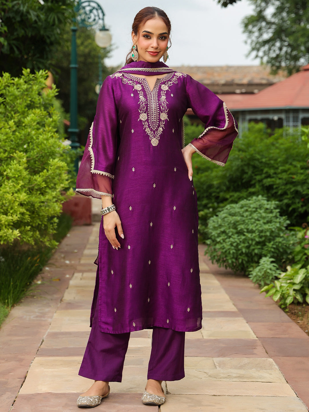 Janasya Women's Purple Silk Blend Floral Zari Embroidered Straight Kurta Set