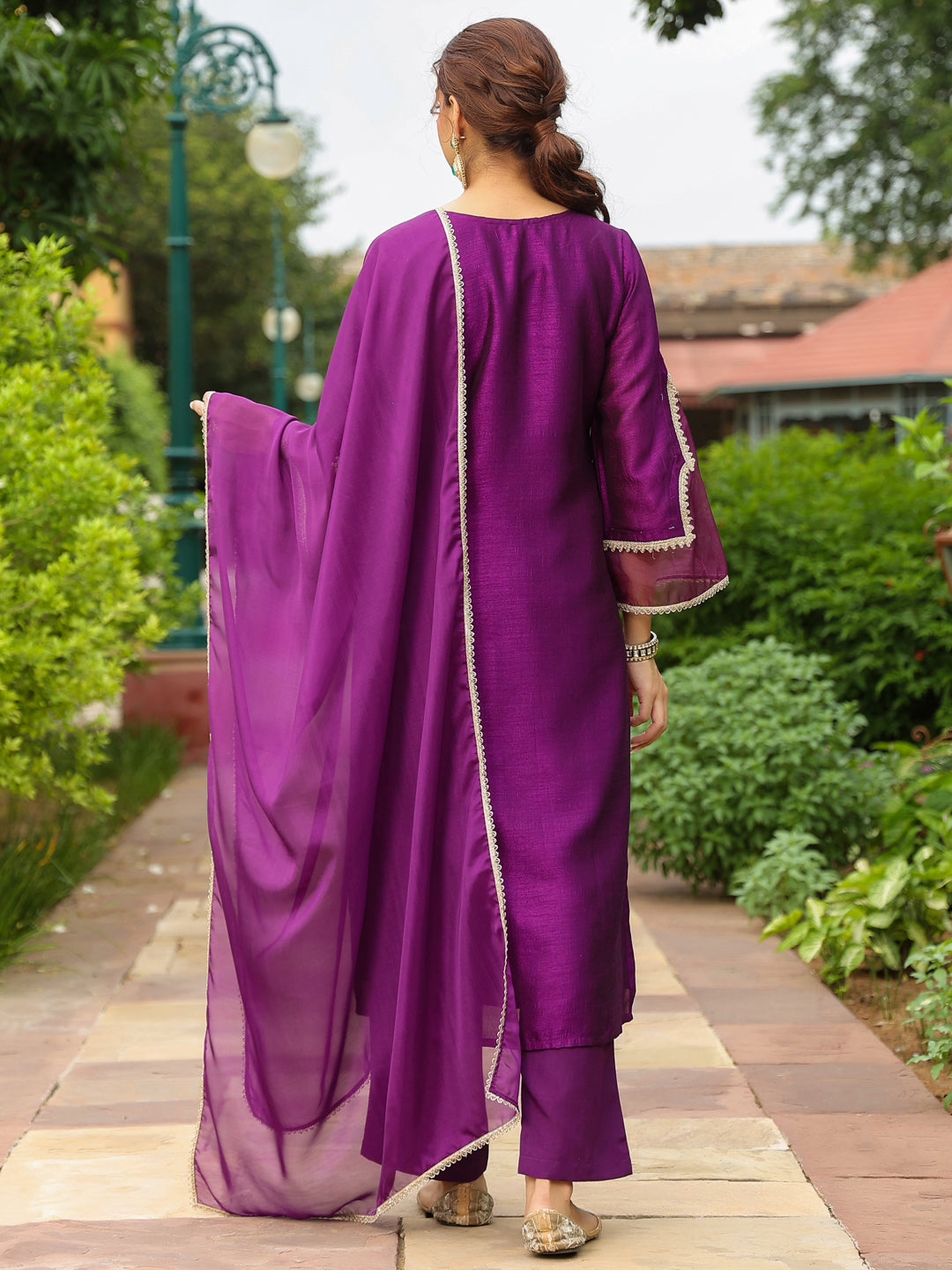 Janasya Women's Purple Silk Blend Floral Zari Embroidered Straight Kurta Set