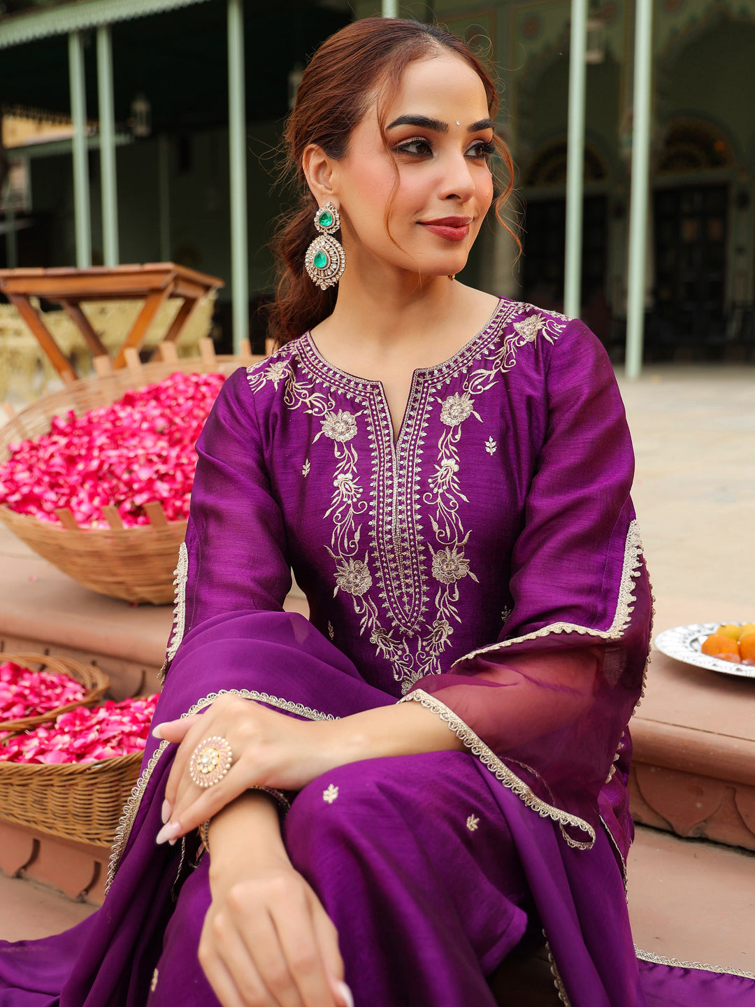 Janasya Women's Purple Silk Blend Floral Zari Embroidered Straight Kurta Set