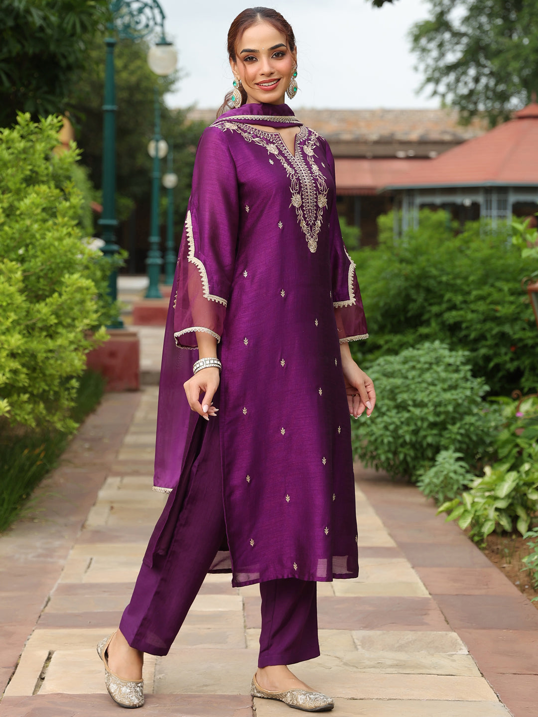 Janasya Women's Purple Silk Blend Floral Zari Embroidered Straight Kurta Set