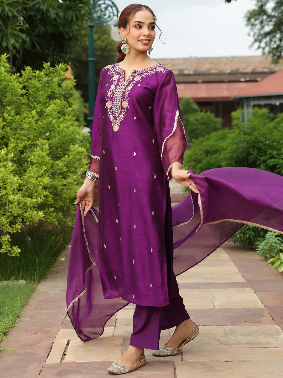 Janasya Women's Purple Silk Blend Floral Zari Embroidered Straight Kurta Set