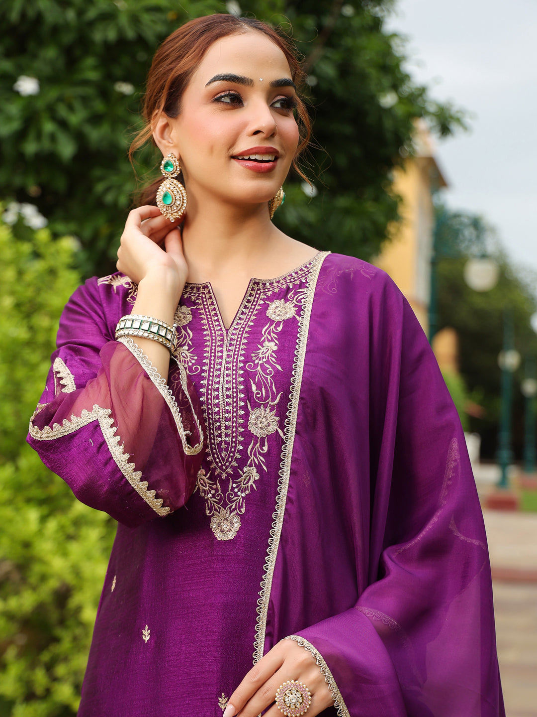 Janasya Women's Purple Silk Blend Floral Zari Embroidered Straight Kurta Set