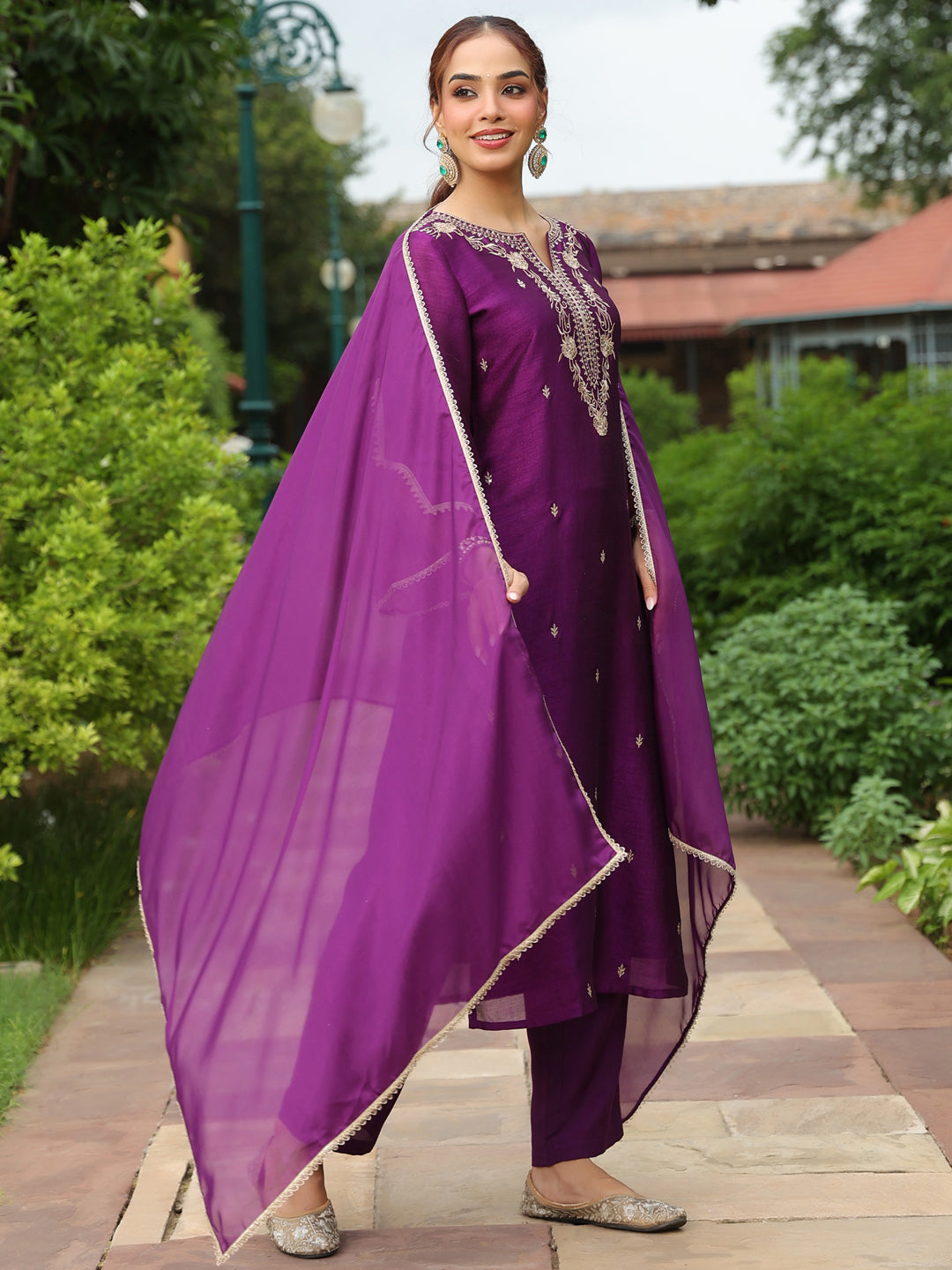 Janasya Women's Purple Silk Blend Floral Zari Embroidered Straight Kurta Set