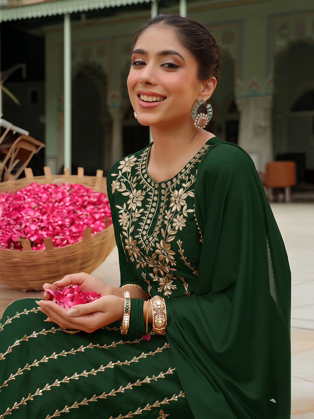 Janasya Women's Bottle Green Silk Blend Zari Embroidered Straight Kurta Set