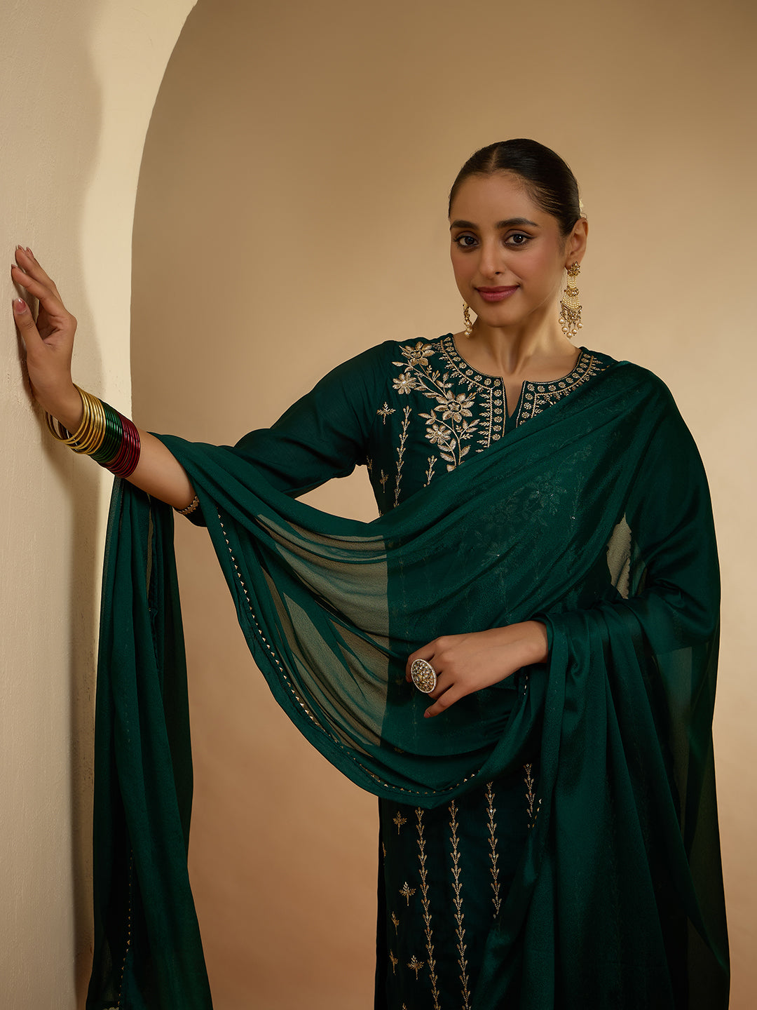 Janasya Women's Bottle Green Silk Blend Floral Zari Embroidered Straight Kurta Set