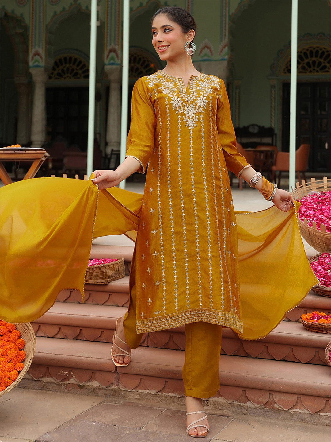 Janasya Women's Mustard Silk Blend Embroidered Straight Kurta Set