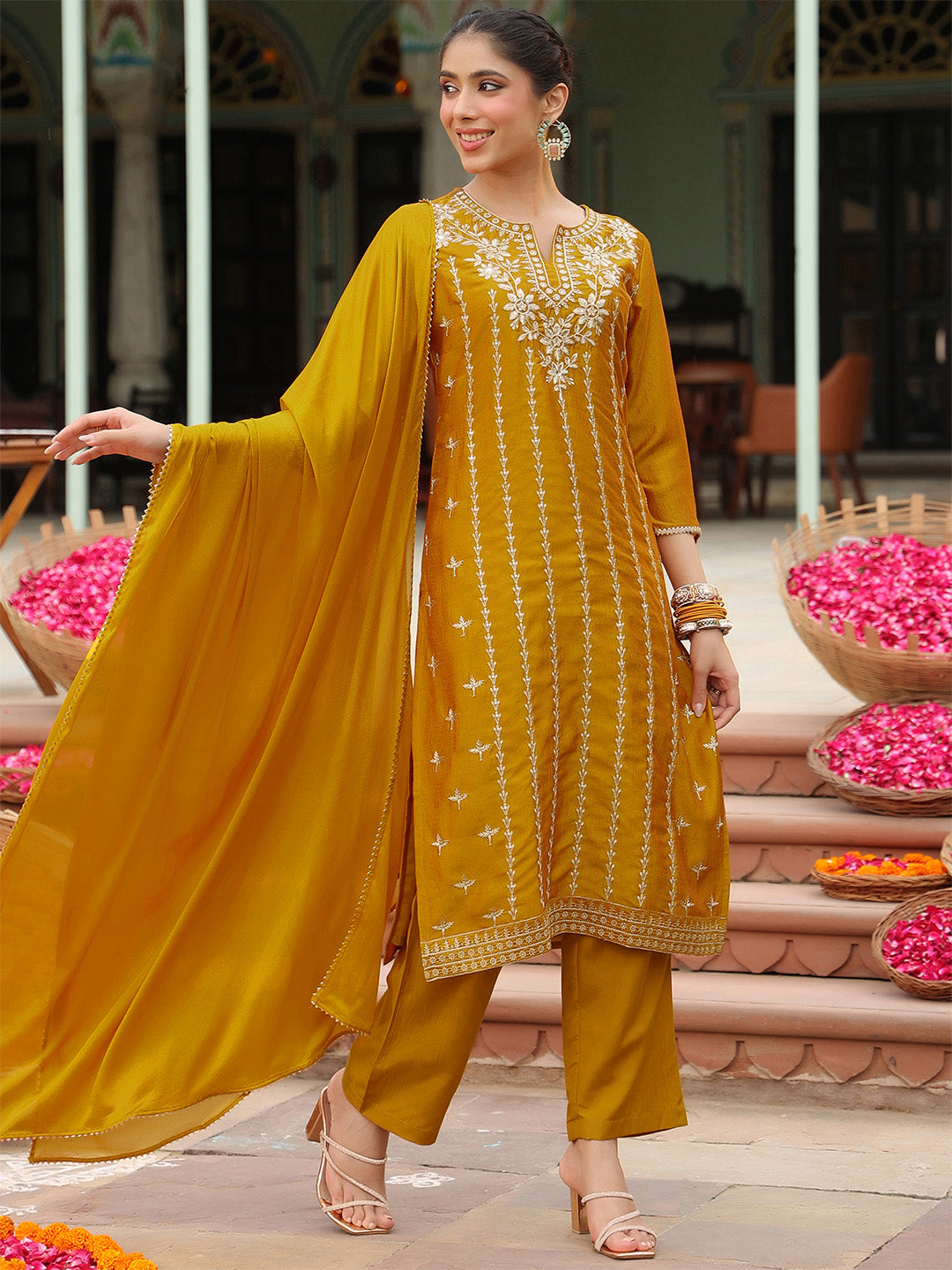Janasya Women's Mustard Silk Blend Embroidered Straight Kurta Set