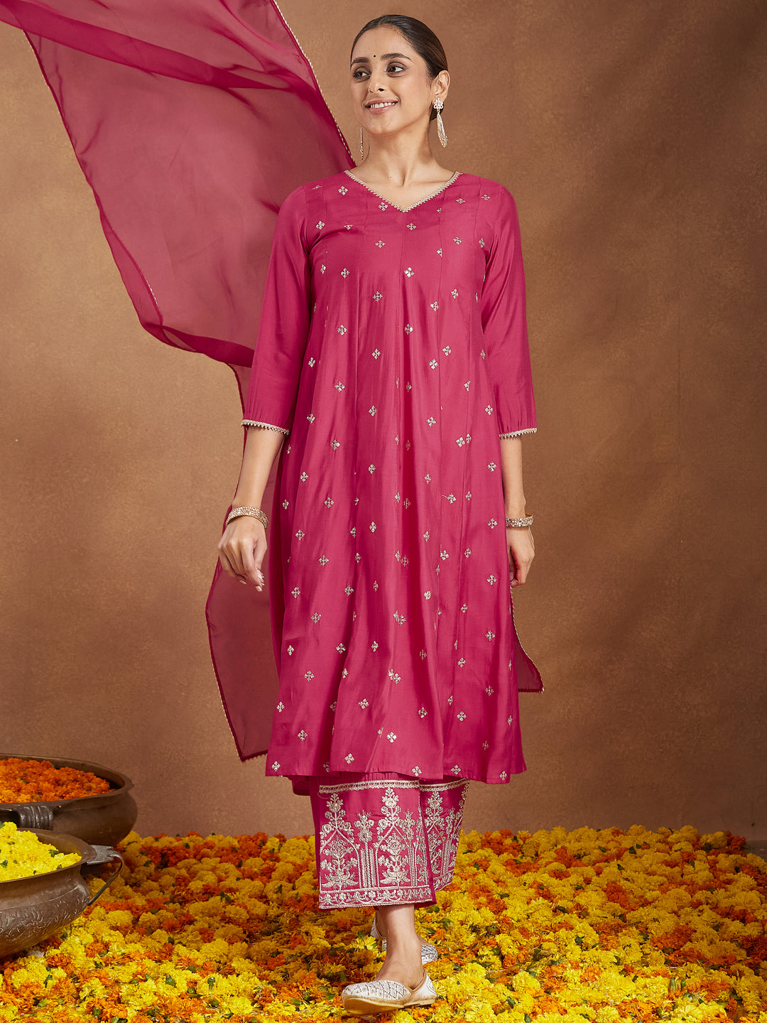 Janasya Women's Pink Chanderi Silk Embellished Zari Embroidered A-line Kurta Set