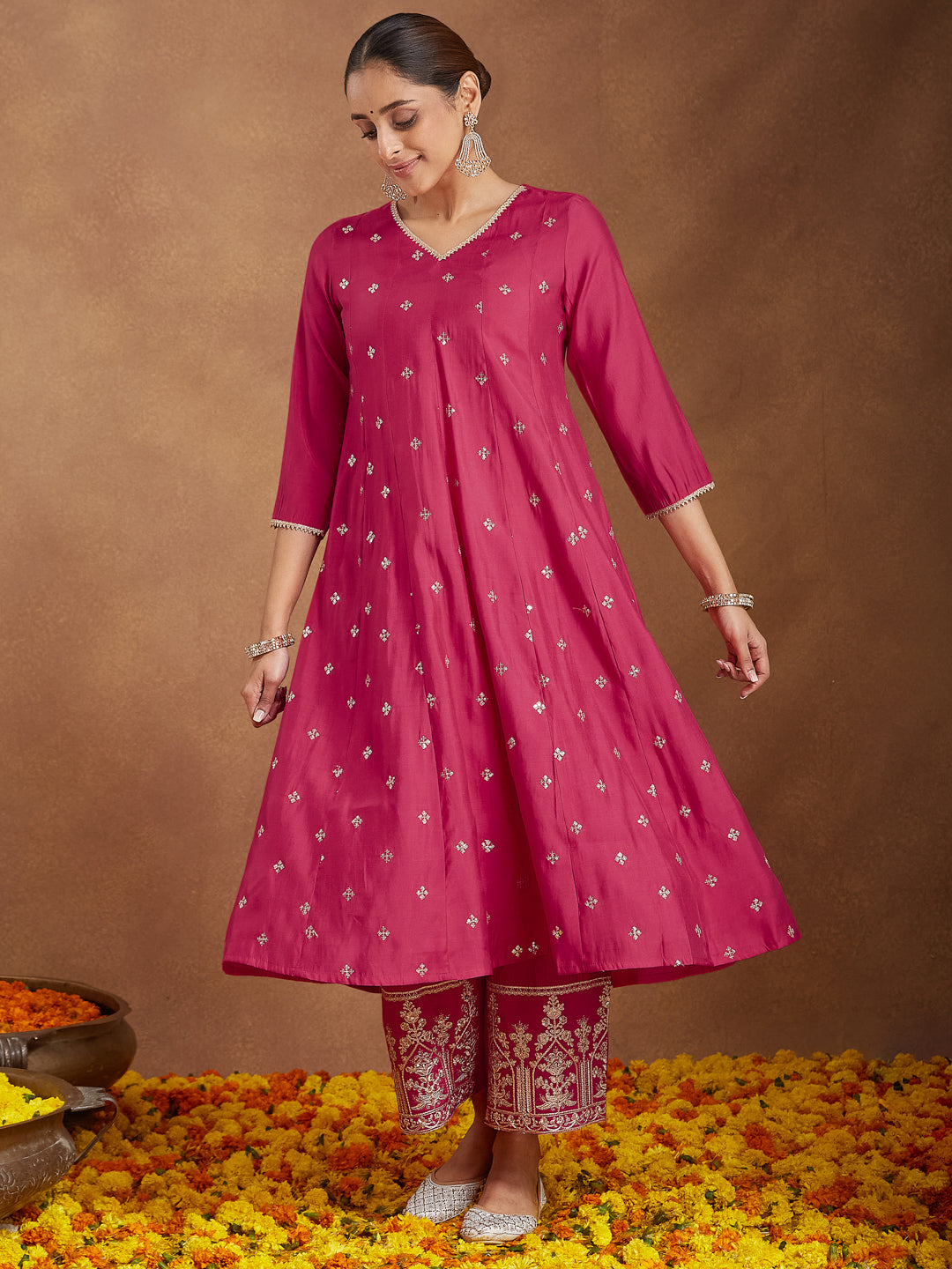 Janasya Women's Pink Chanderi Silk Embellished Zari Embroidered A-line Kurta Set
