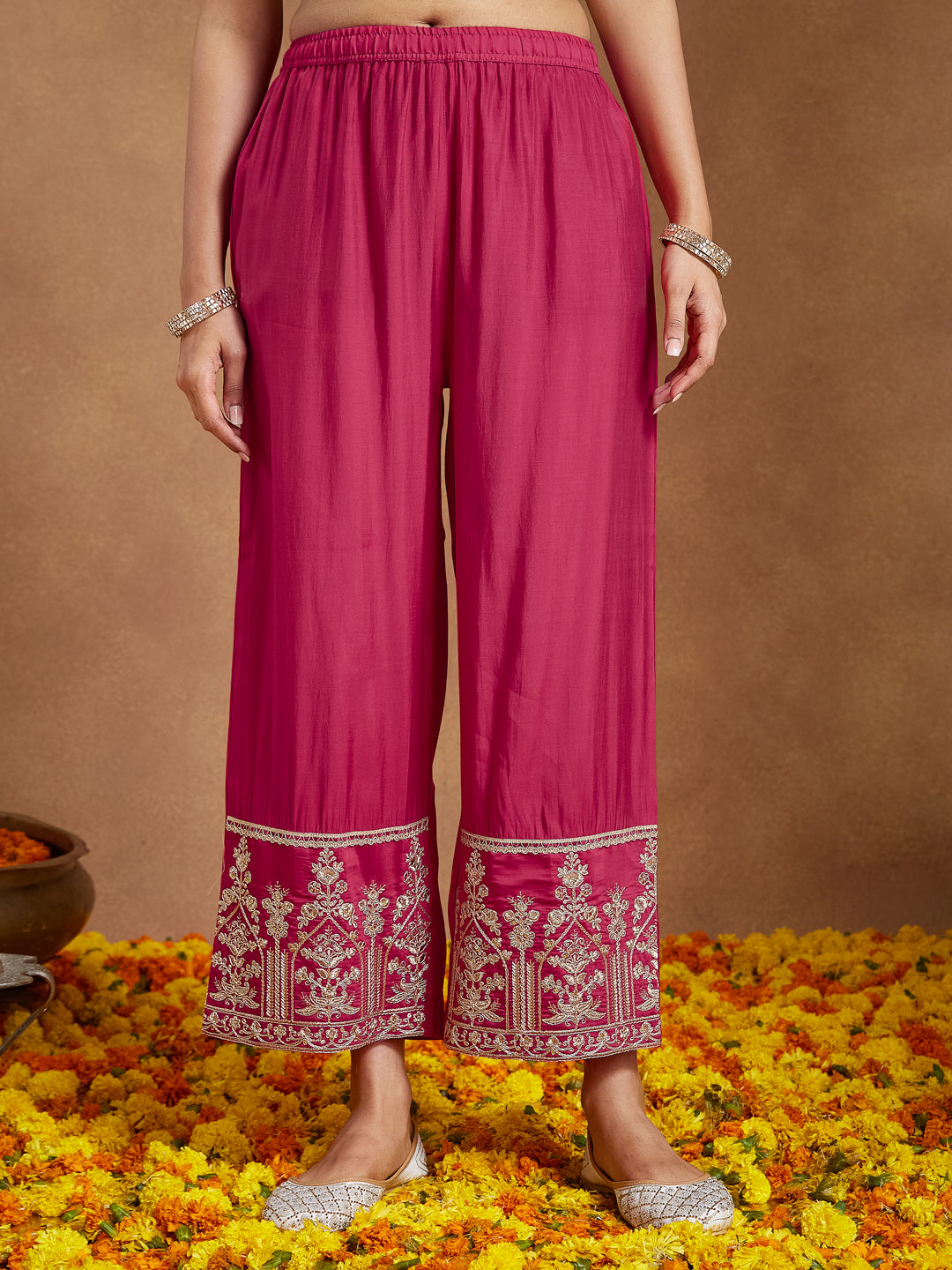 Janasya Women's Pink Chanderi Silk Embellished Zari Embroidered A-line Kurta Set