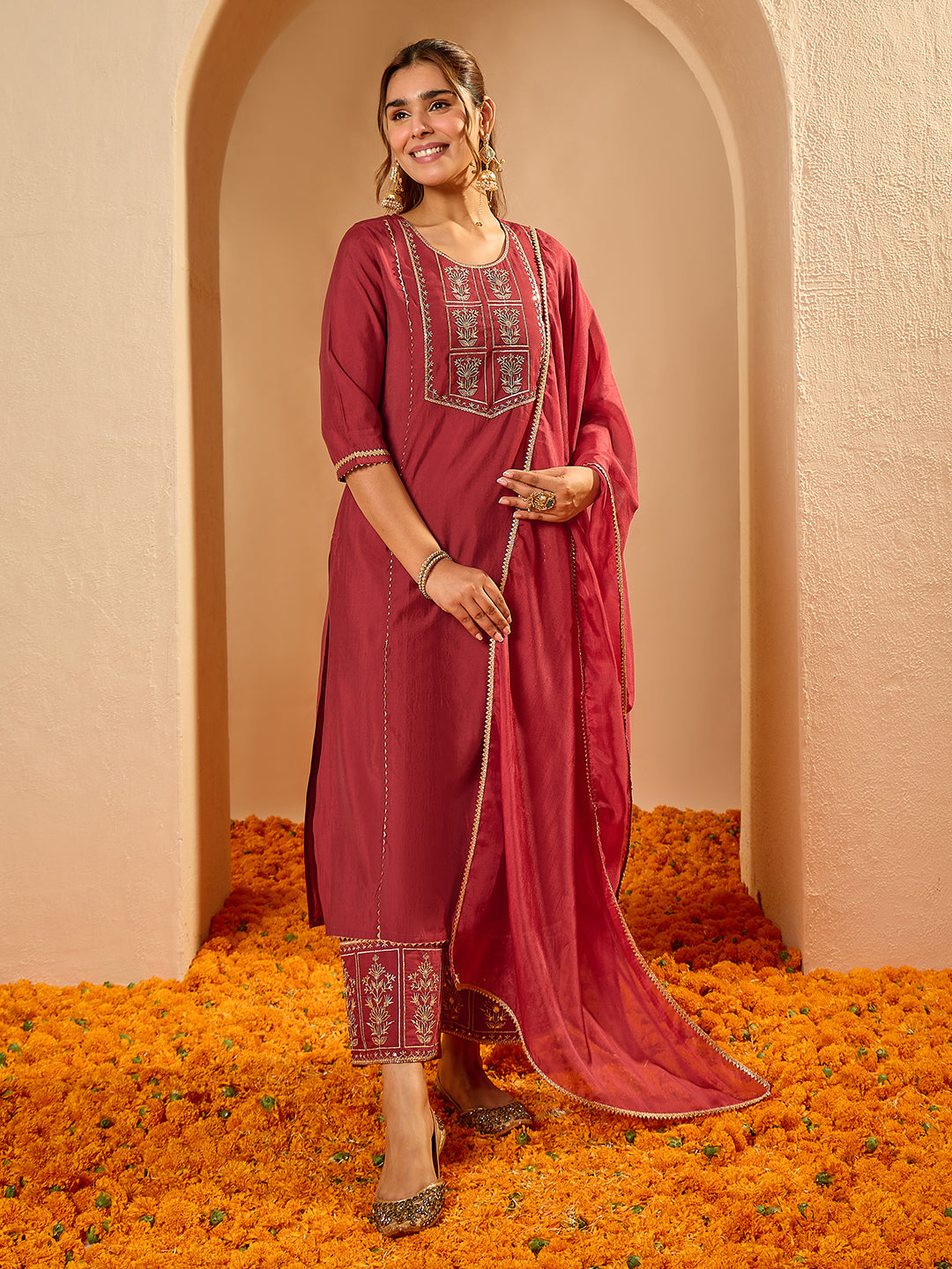 Janasya Women's Maroon Chanderi Silk Zari Embroidered Straight Kurta Set
