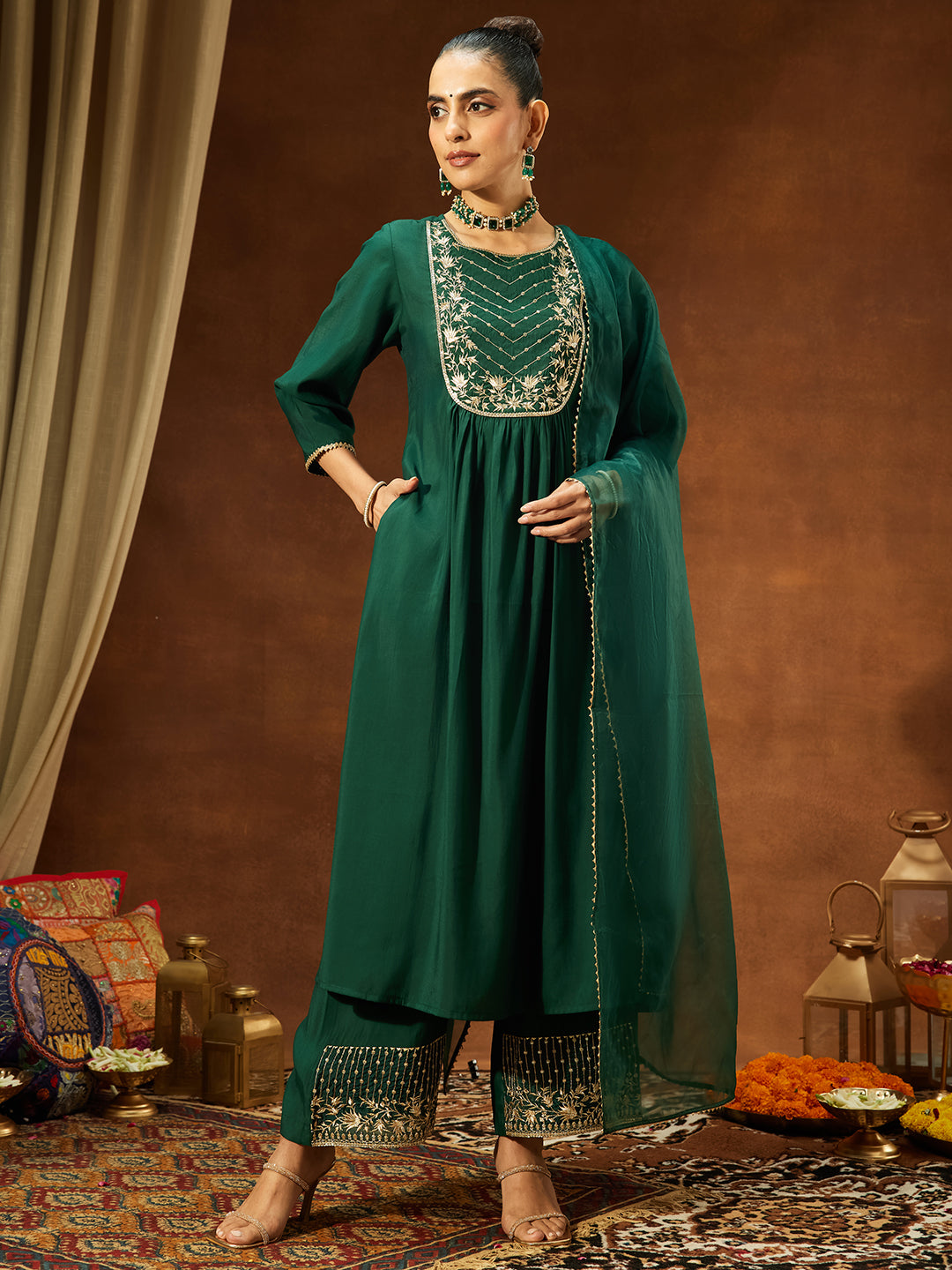 Janasya Women's Bottle Green Chanderi Silk Embroidered A-line Kurta Set