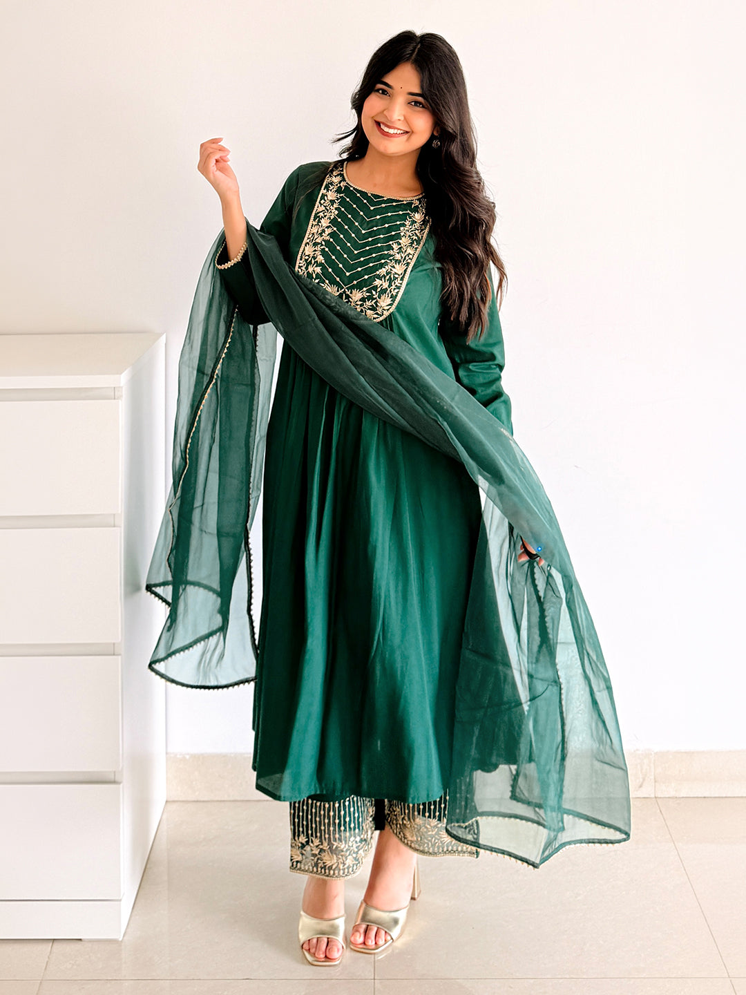 Janasya Women's Bottle Green Chanderi Silk Floral Embroidered A-Line Kurta Set