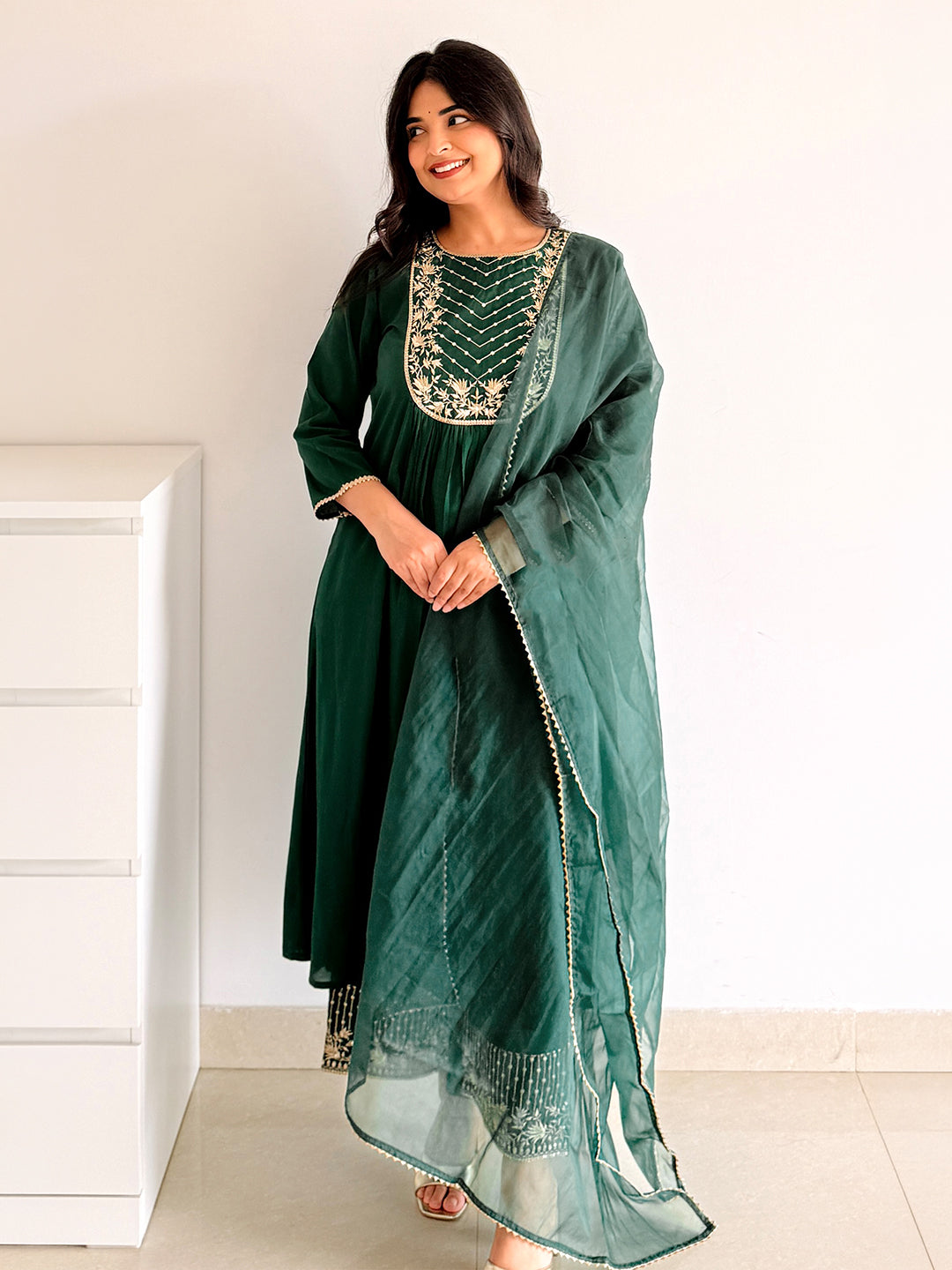 Janasya Women's Bottle Green Chanderi Silk Floral Embroidered A-Line Kurta Set