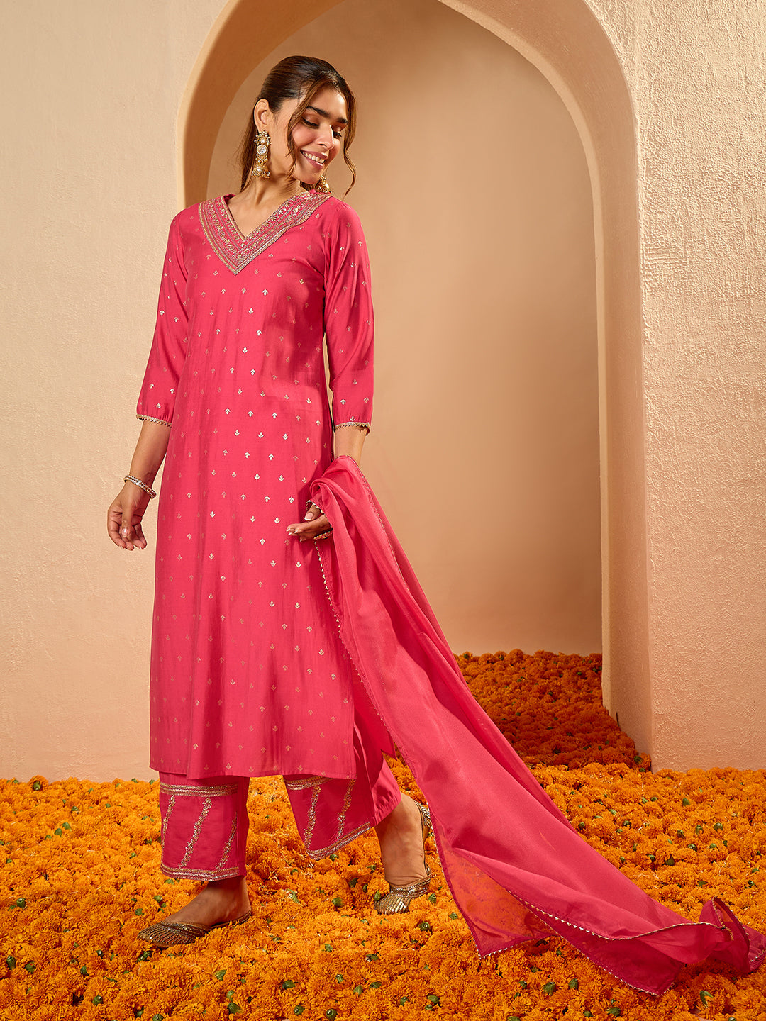 Janasya Women's Pink Chanderi Silk Zari Embroidered Foil Printed Straight Kurta Set