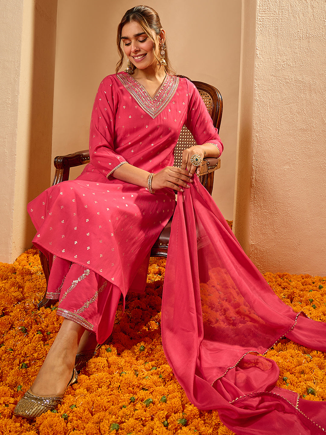 Janasya Women's Pink Chanderi Silk Zari Embroidered Foil Printed Straight Kurta Set