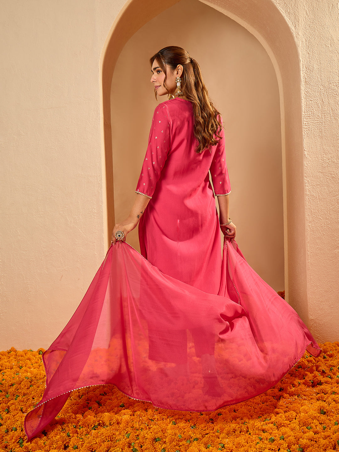 Janasya Women's Pink Chanderi Silk Zari Embroidered Foil Printed Straight Kurta Set
