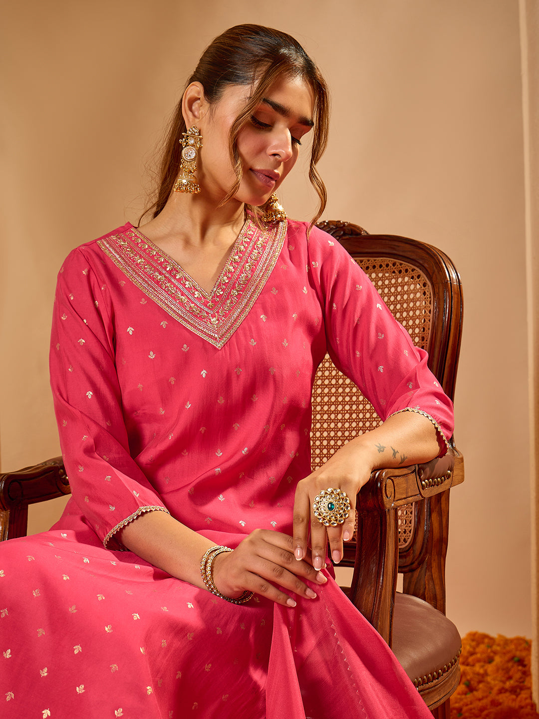 Janasya Women's Pink Chanderi Silk Zari Embroidered Foil Printed Straight Kurta Set