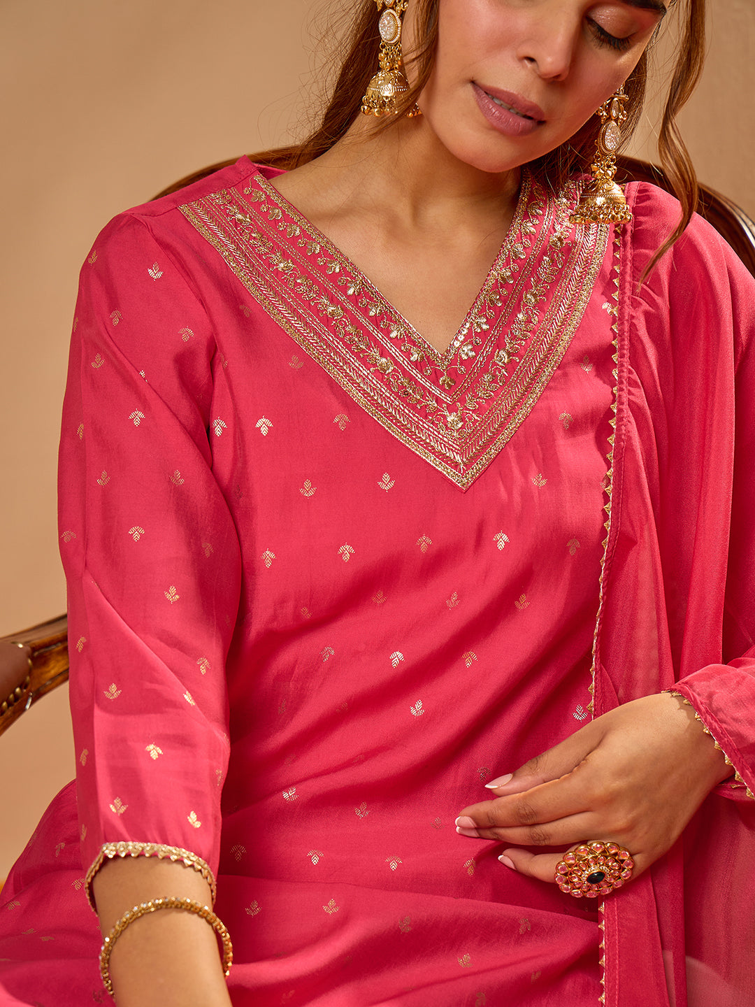 Janasya Women's Pink Chanderi Silk Zari Embroidered Foil Printed Straight Kurta Set