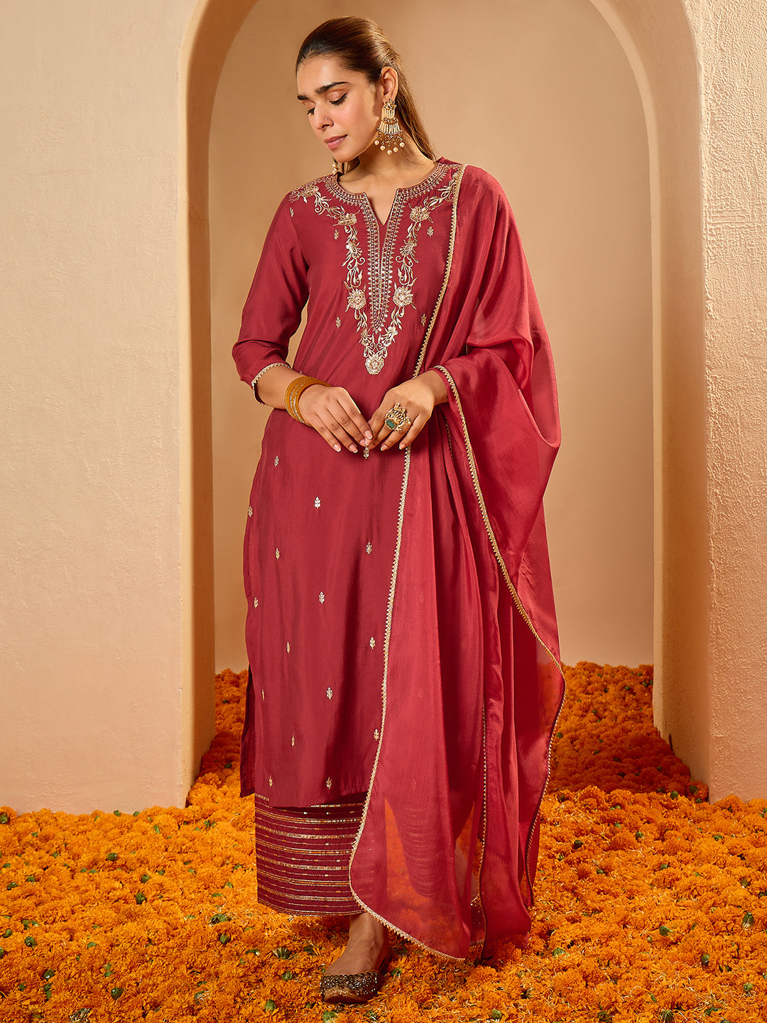 Janasya Women's Maroon Chanderi Silk Floral Zari Embroidered Straight Kurta Set