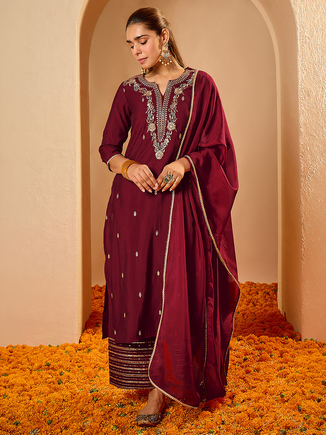 Janasya Women's Maroon Chanderi Silk Floral Zari Embroidered Straight Kurta Set