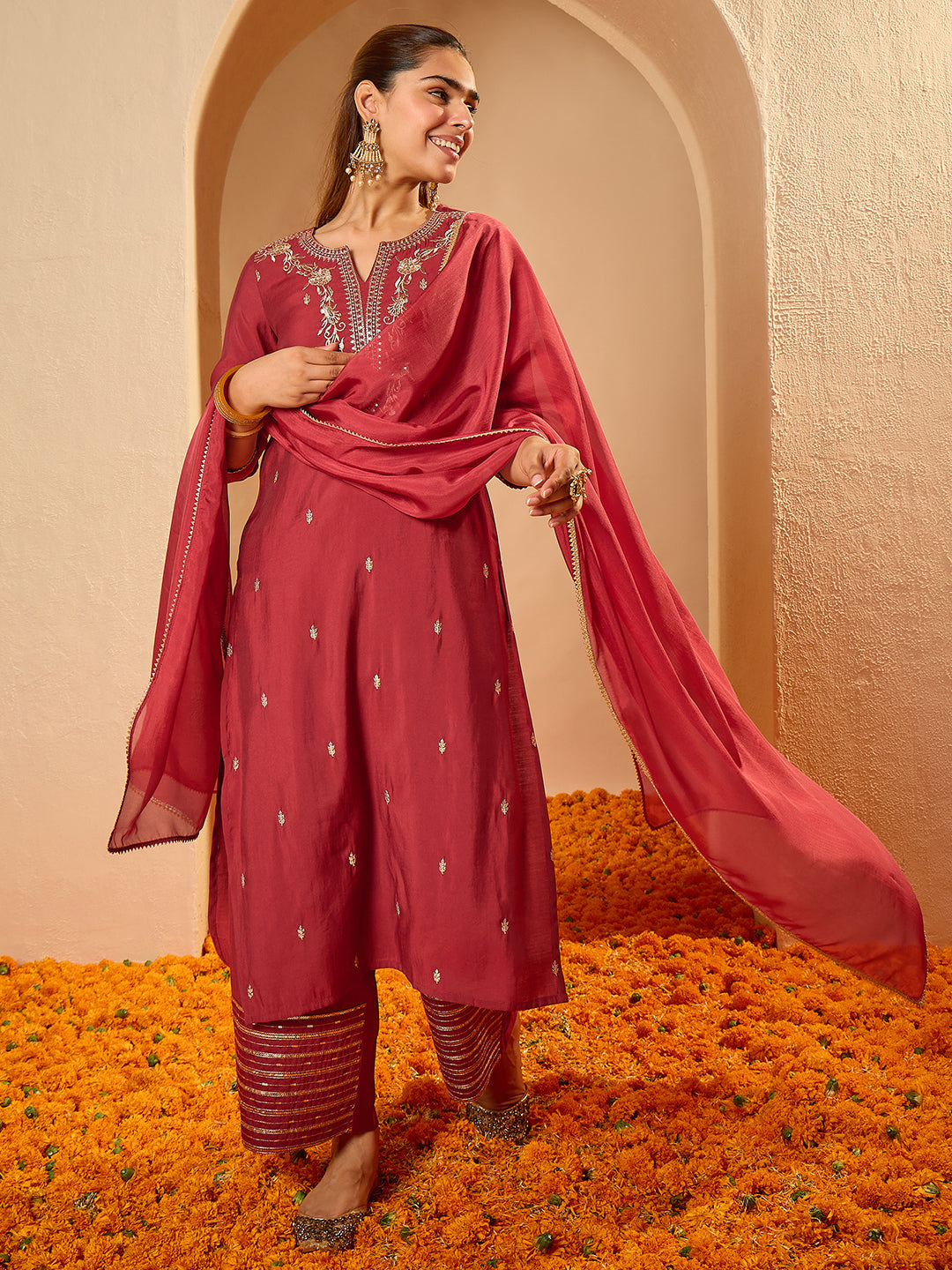 Janasya Women's Maroon Chanderi Silk Floral Zari Embroidered Straight Kurta Set