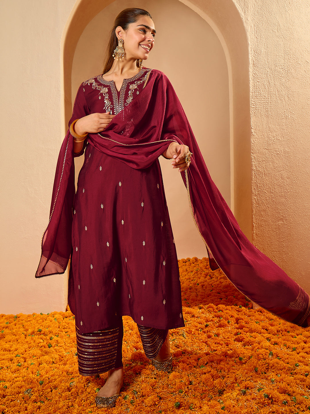 Janasya Women's Maroon Chanderi Silk Floral Zari Embroidered Straight Kurta Set