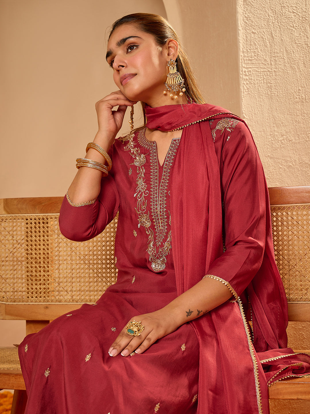 Janasya Women's Maroon Chanderi Silk Floral Zari Embroidered Straight Kurta Set