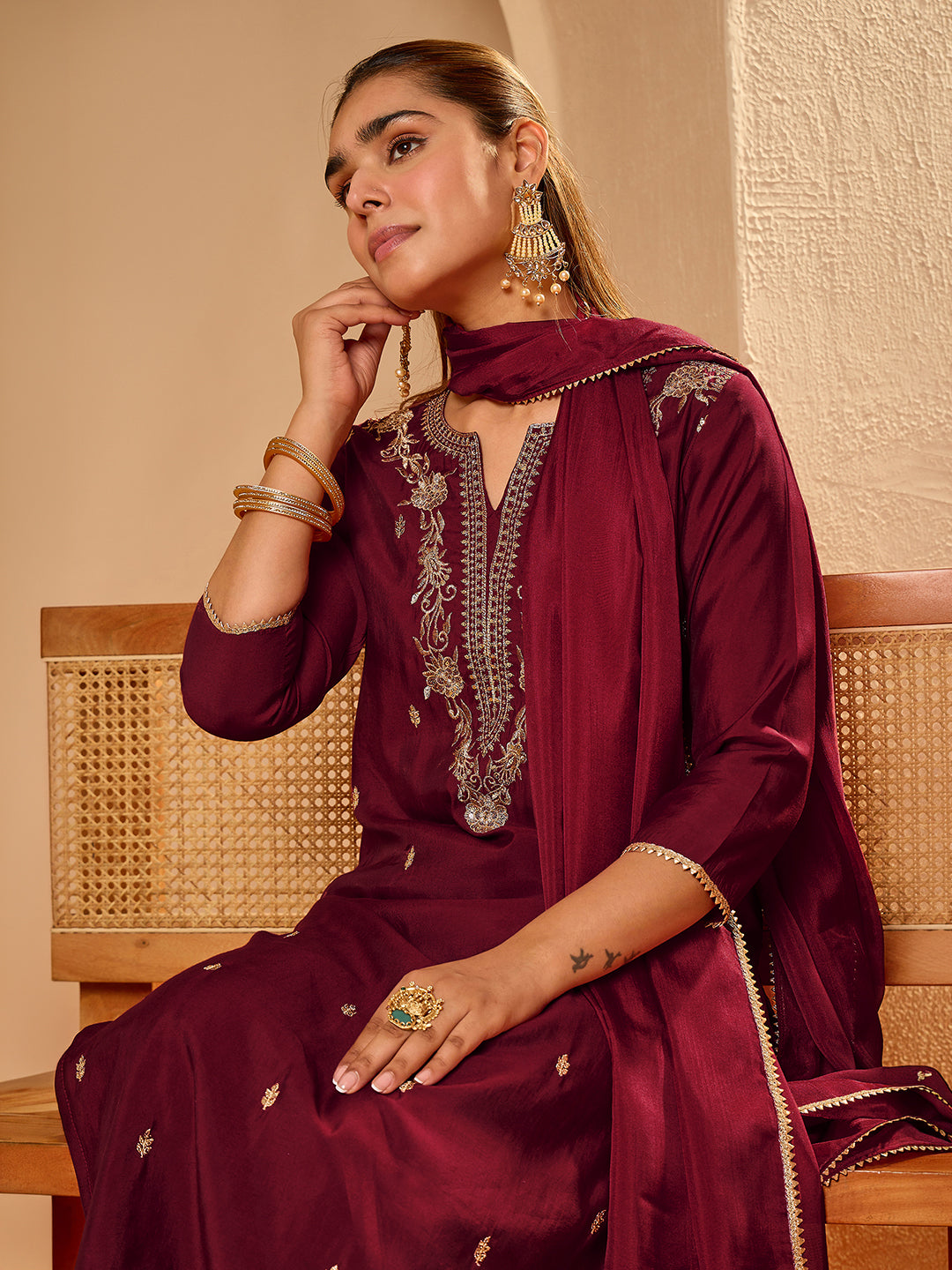 Janasya Women's Maroon Chanderi Silk Floral Zari Embroidered Straight Kurta Set