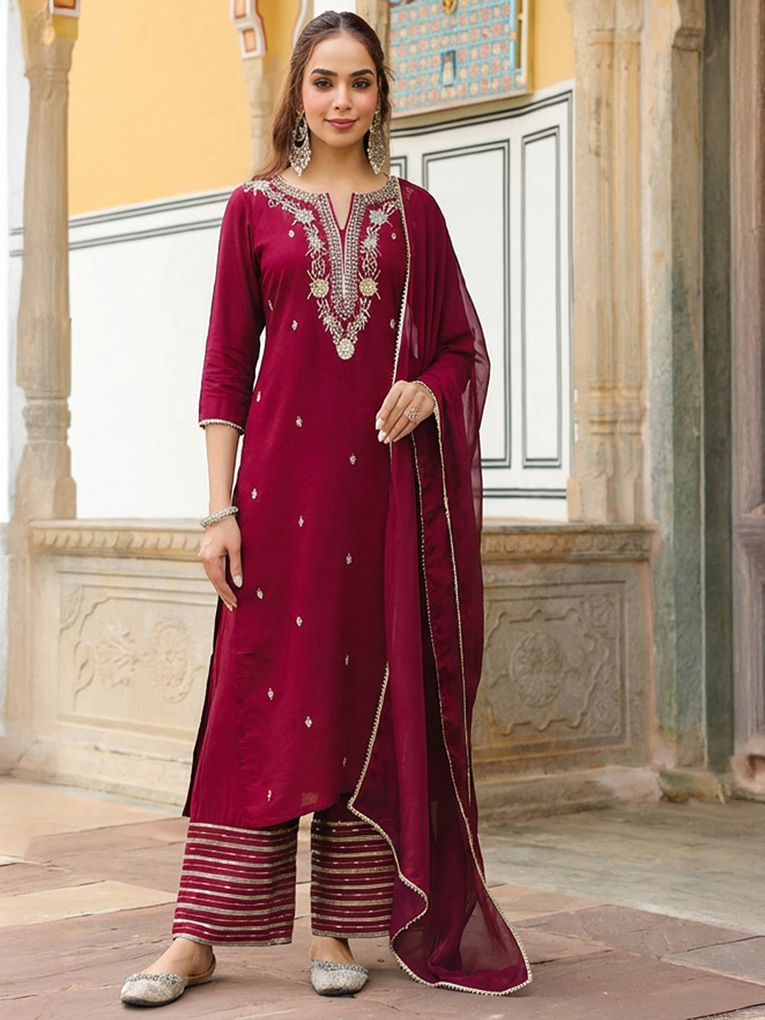Janasya Women's Maroon Chanderi Silk Zari Embroidered Straight Kurta With Palazzo & Dupatta Set