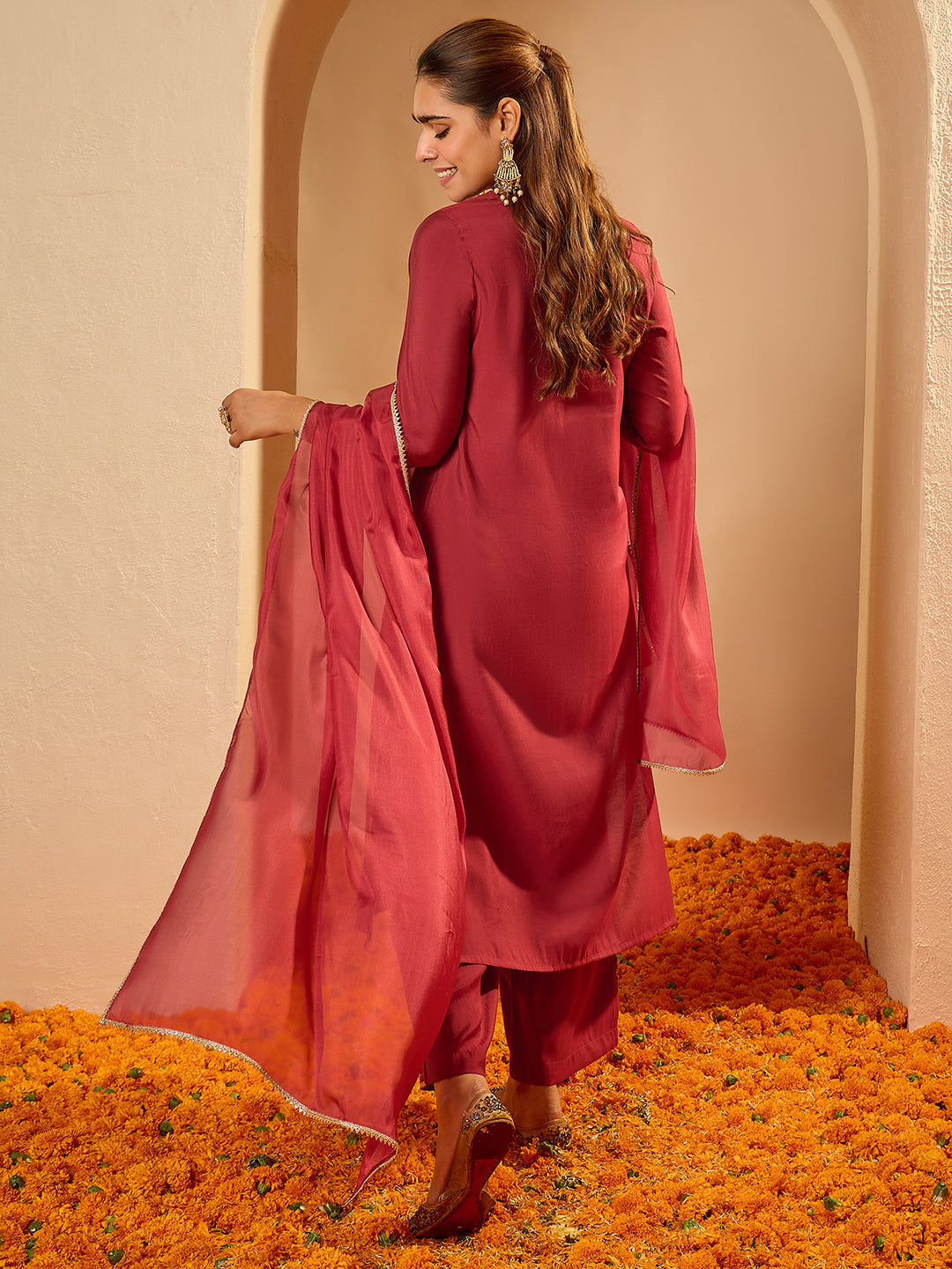 Janasya Women's Maroon Chanderi Silk Floral Zari Embroidered Straight Kurta Set