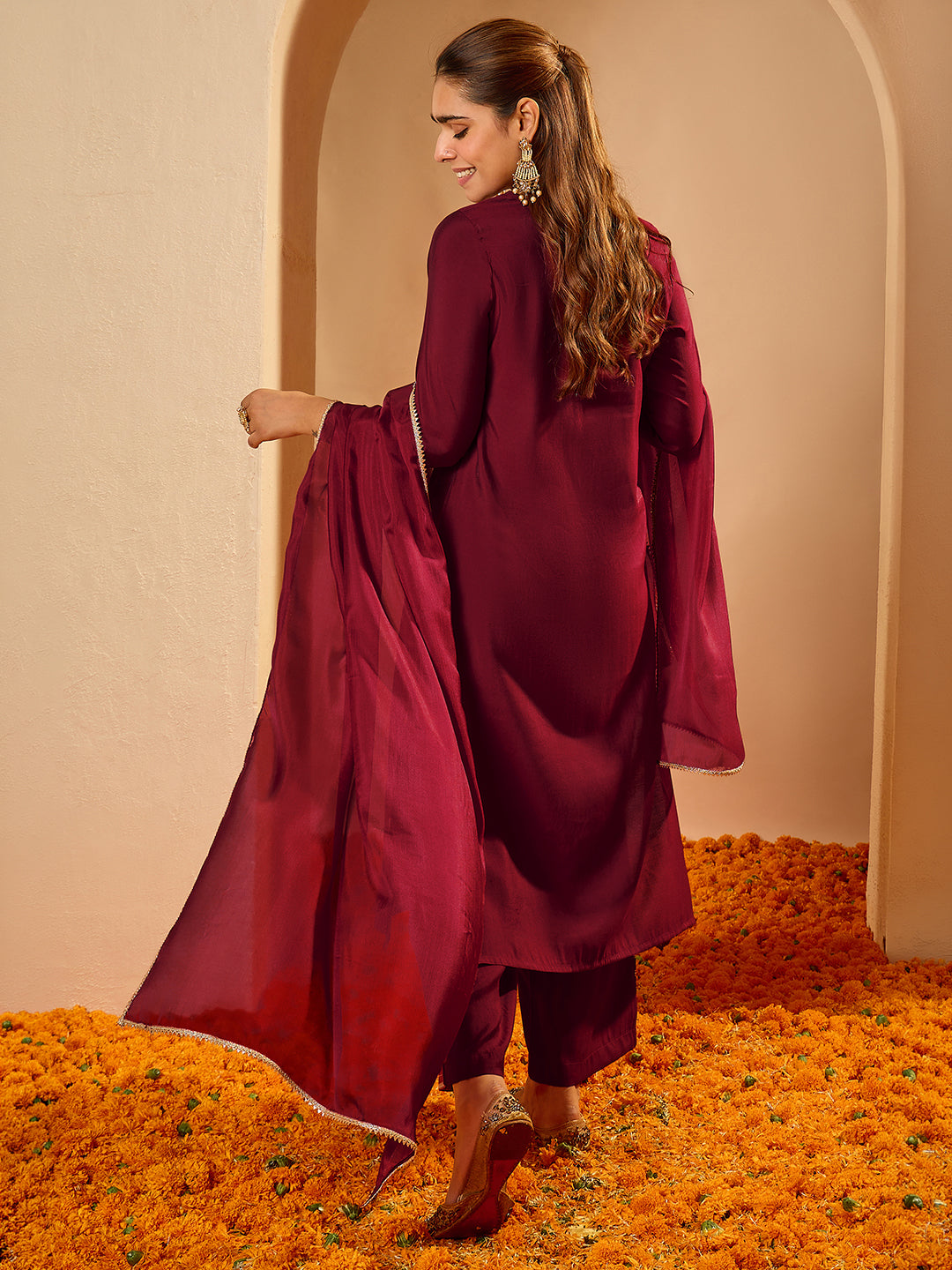 Janasya Women's Maroon Chanderi Silk Floral Zari Embroidered Straight Kurta Set
